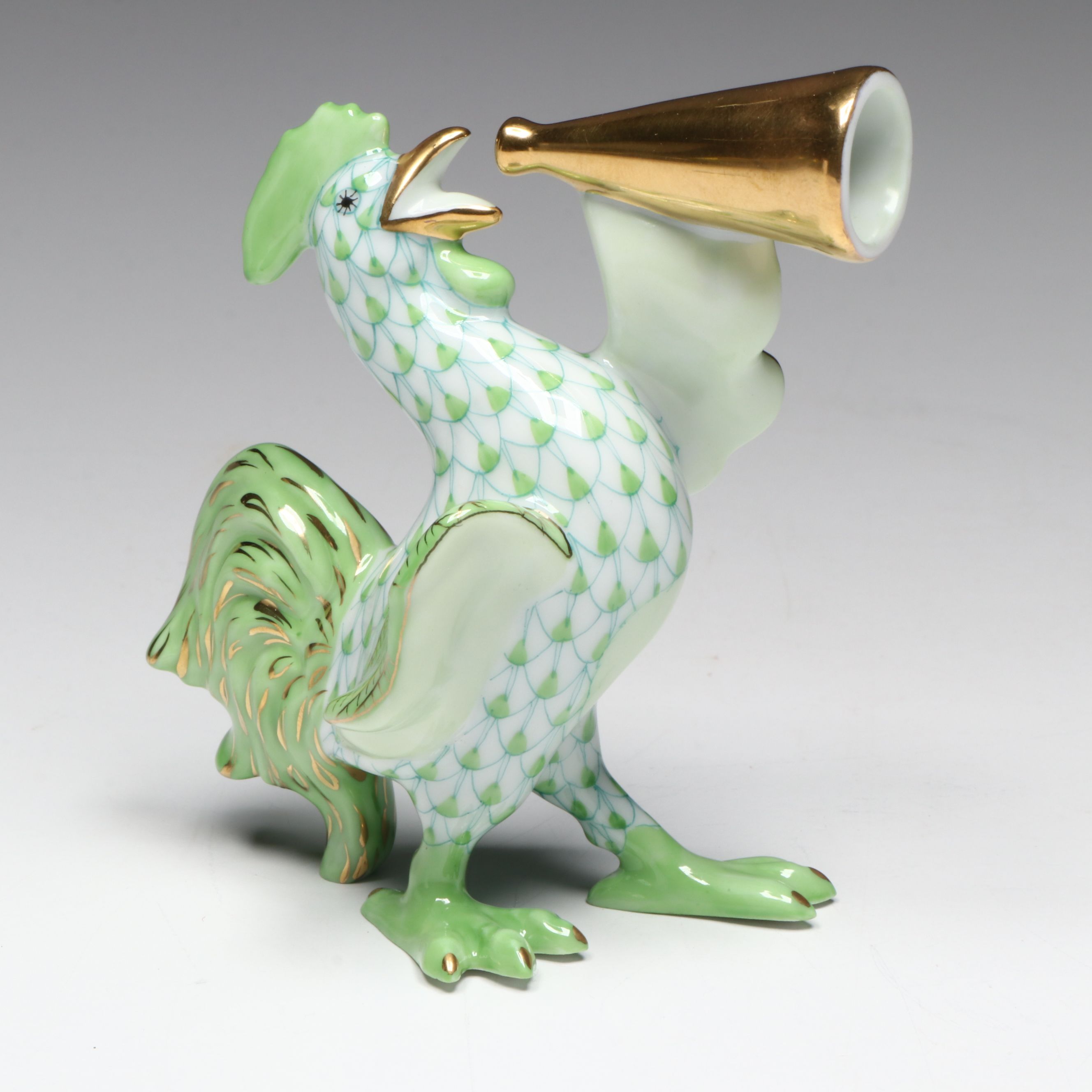 Herend Key Lime Fishnet with Gold "Crowing Rooster" Porcelain Figurine