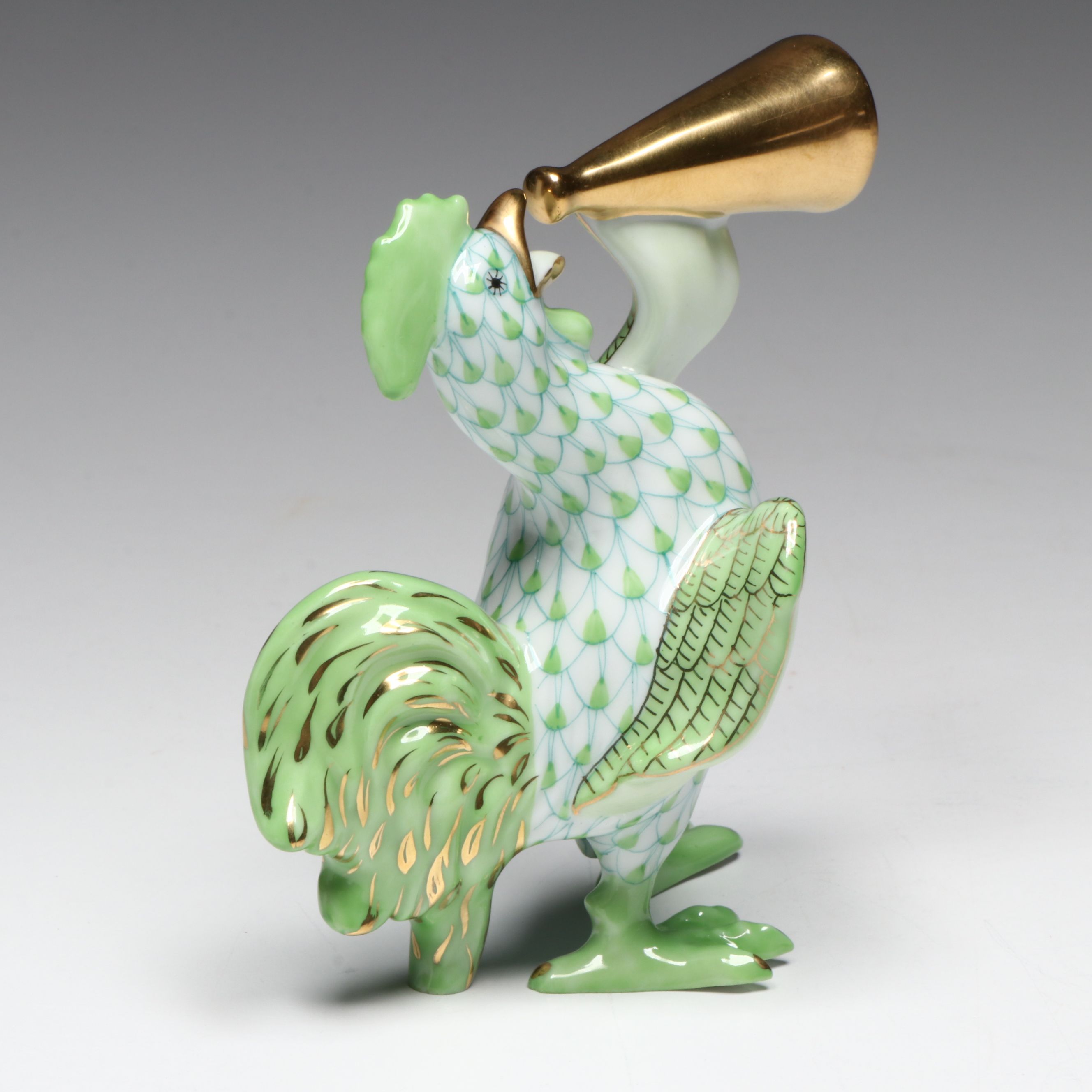 Herend Key Lime Fishnet with Gold "Crowing Rooster" Porcelain Figurine
