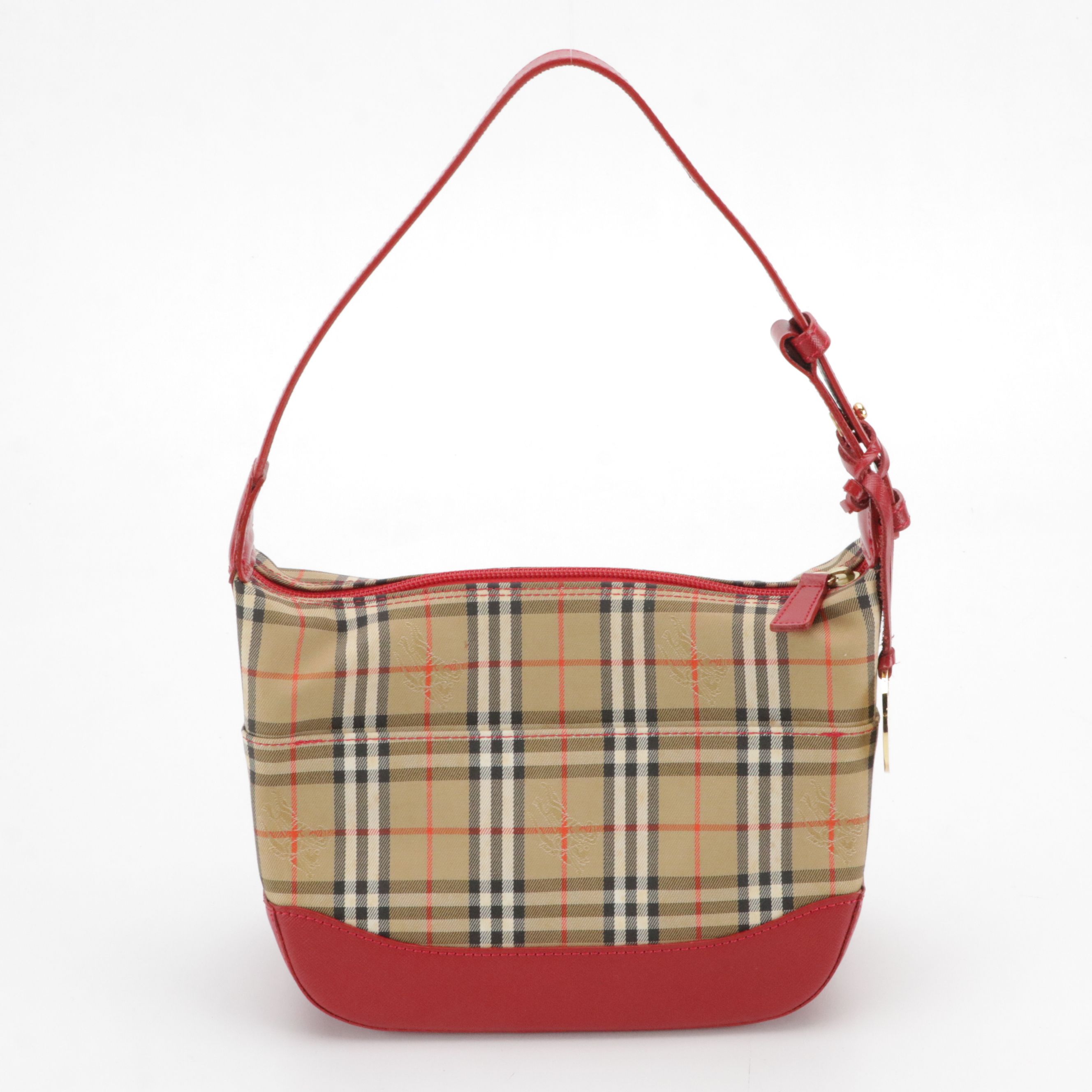 Burberry Zippered Shoulder Bag in Haymarket Check Canvas and Red Leather Trim
