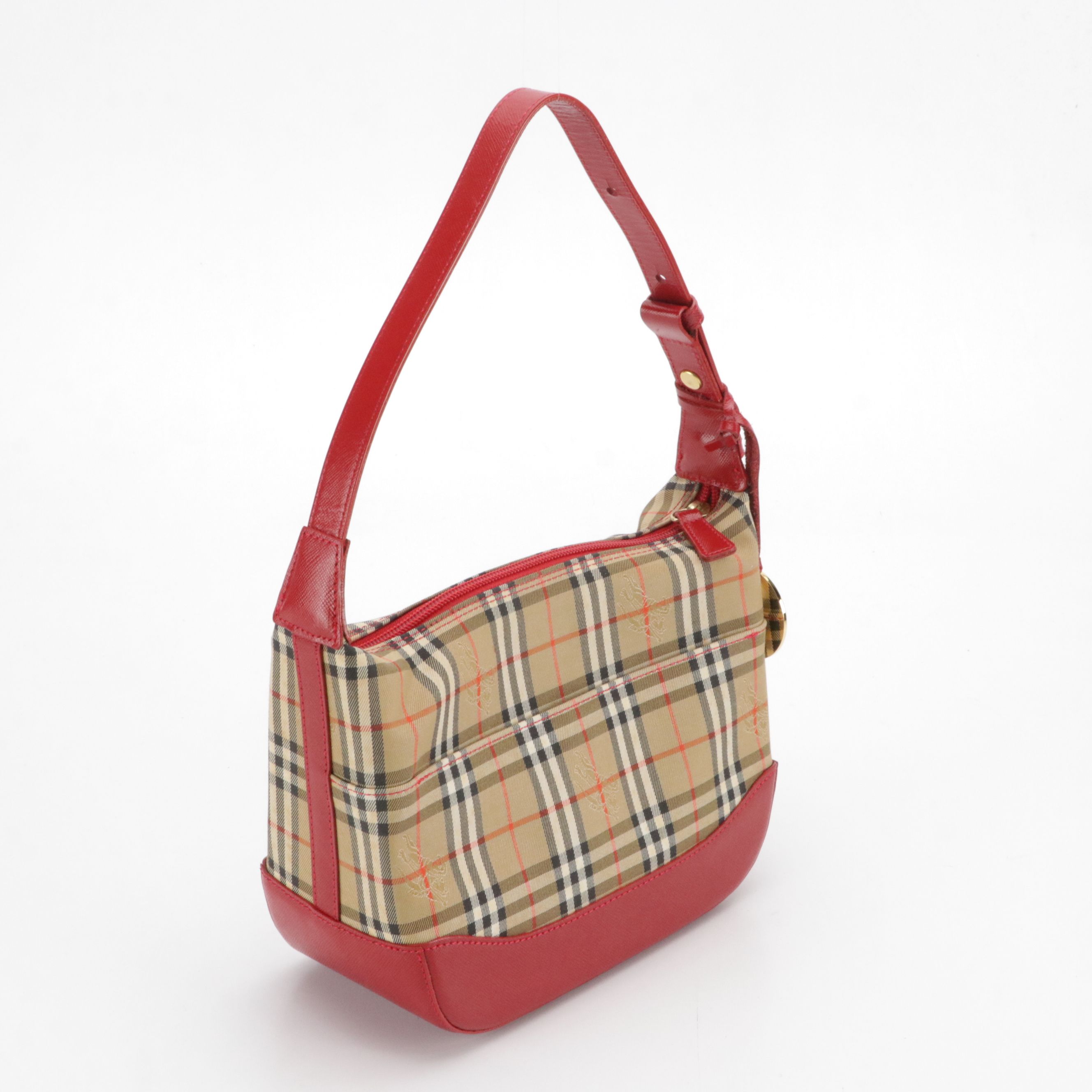 Burberry Zippered Shoulder Bag in Haymarket Check Canvas and Red Leather Trim