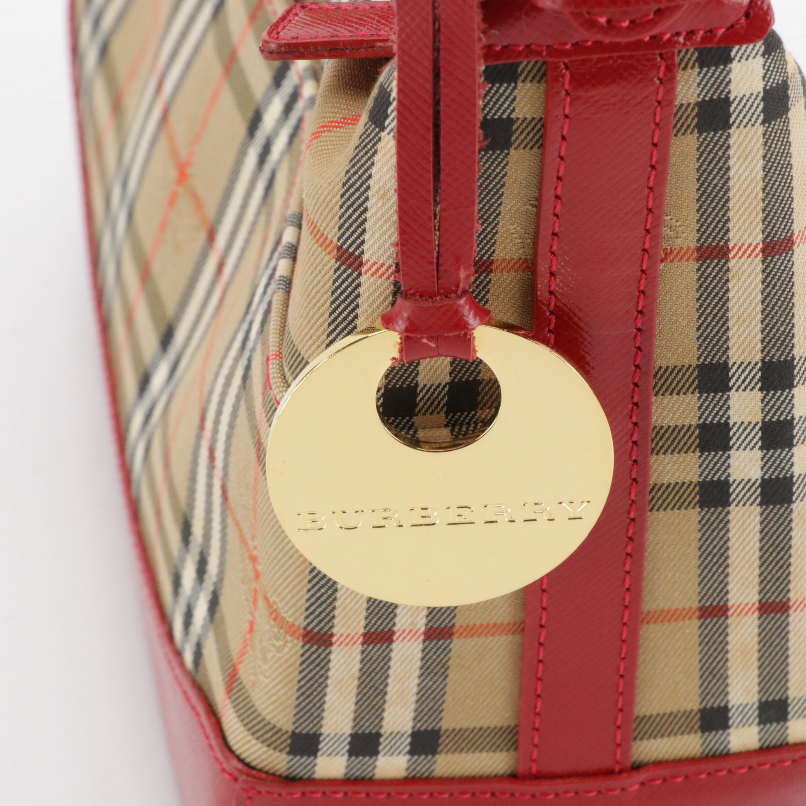 Burberry Zippered Shoulder Bag in Haymarket Check Canvas and Red Leather Trim