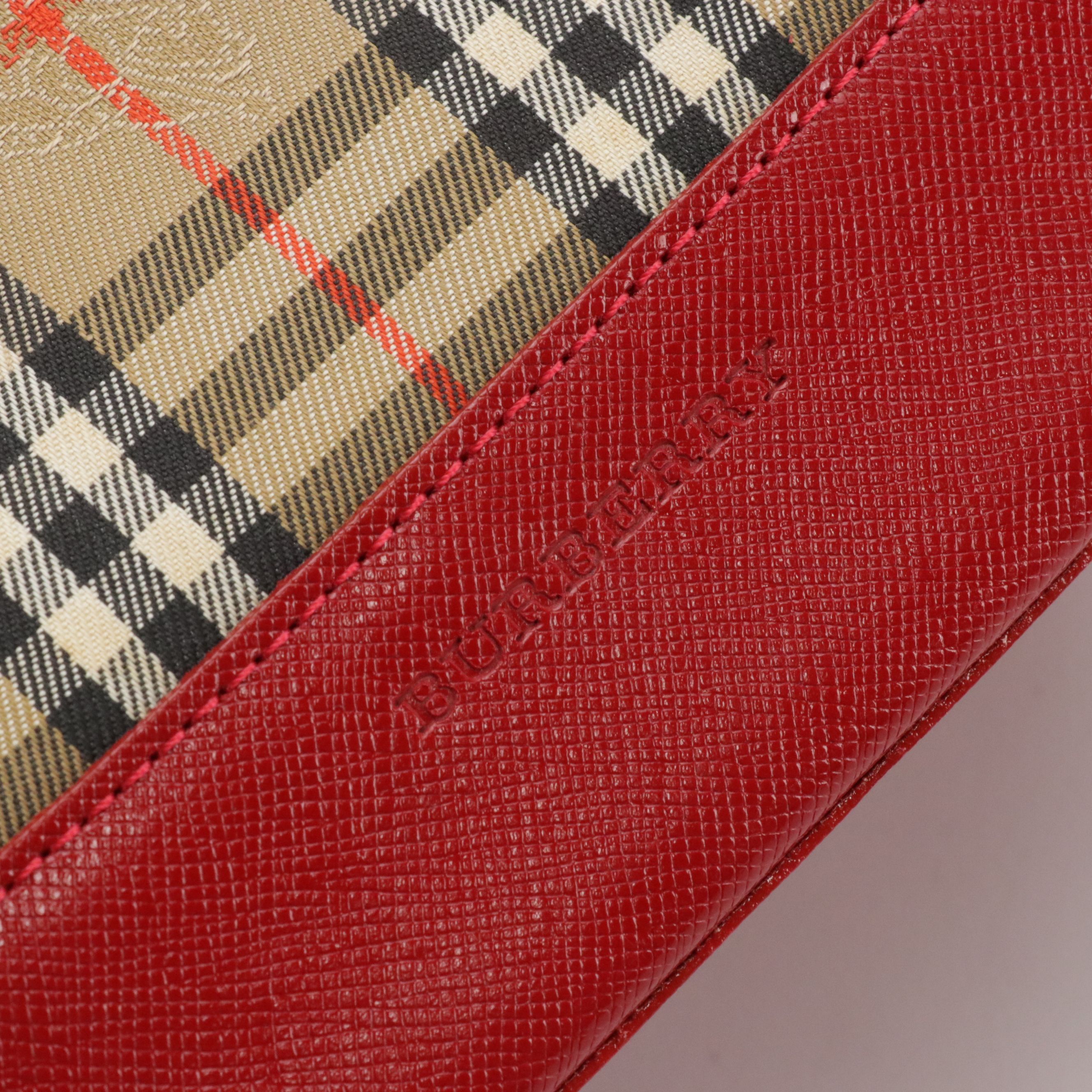 Burberry Zippered Shoulder Bag in Haymarket Check Canvas and Red Leather Trim