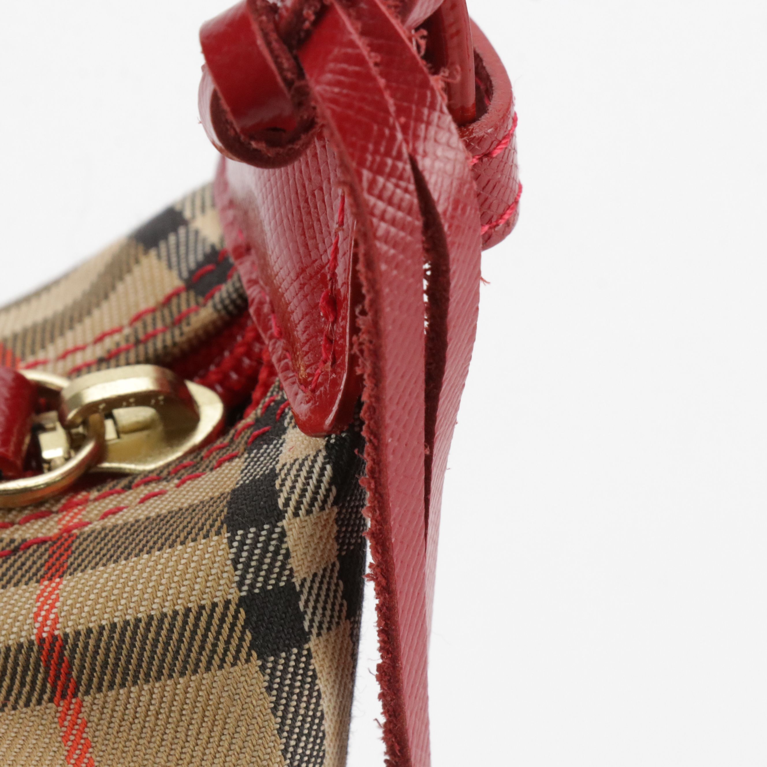 Burberry Zippered Shoulder Bag in Haymarket Check Canvas and Red Leather Trim