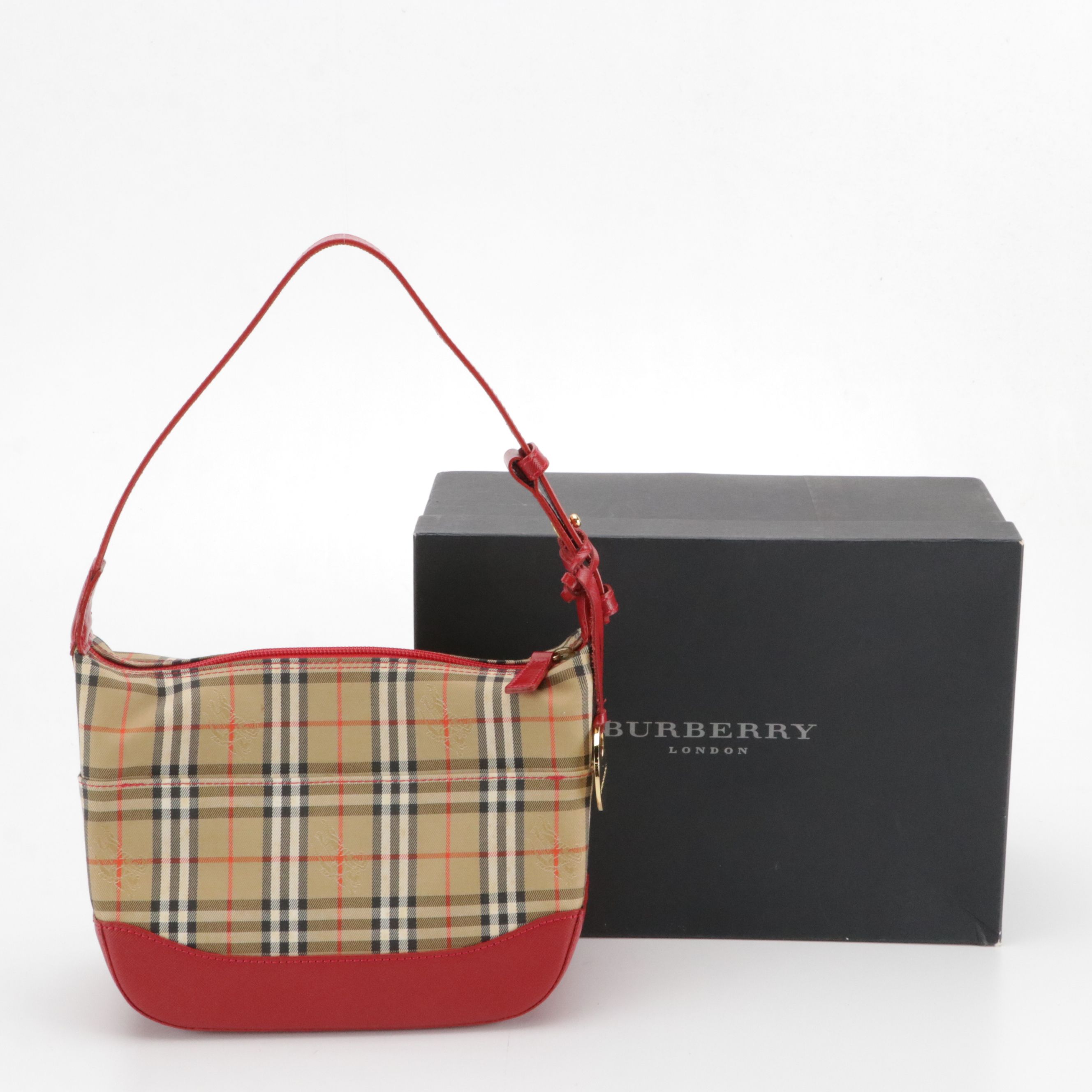 Burberry Zippered Shoulder Bag in Haymarket Check Canvas and Red Leather Trim