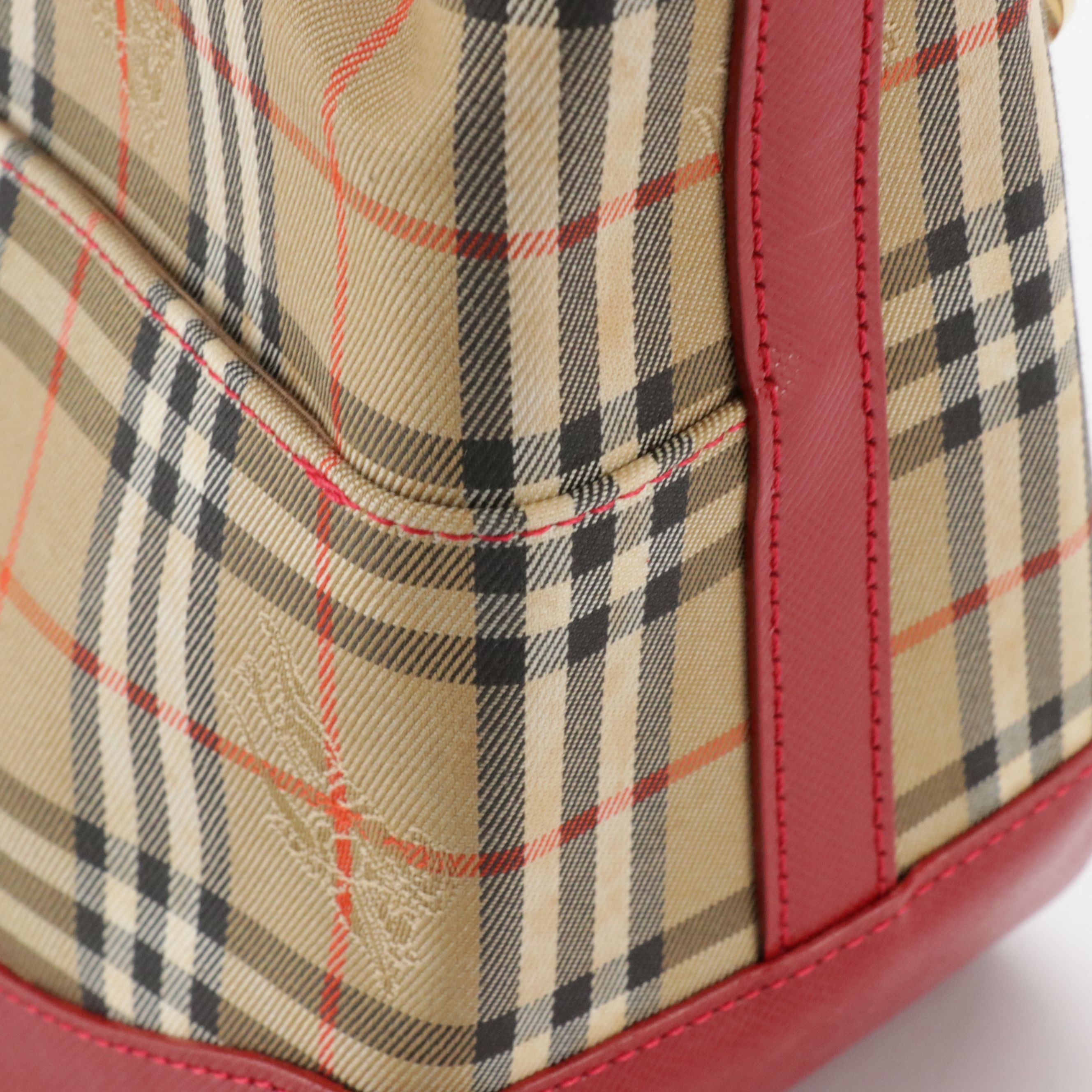 Burberry Zippered Shoulder Bag in Haymarket Check Canvas and Red Leather Trim