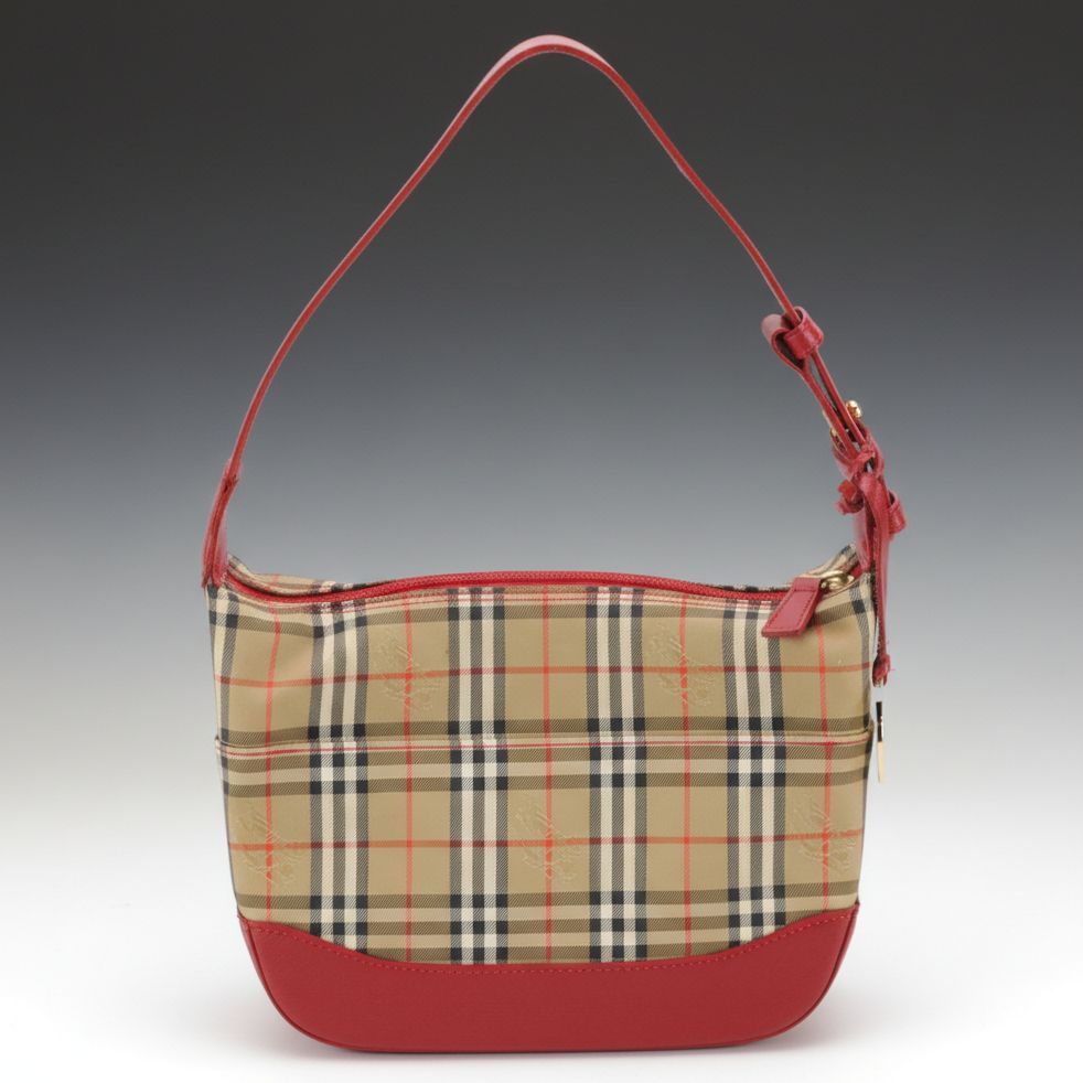 Burberry Zippered Shoulder Bag in Haymarket Check Canvas and Red Leather Trim