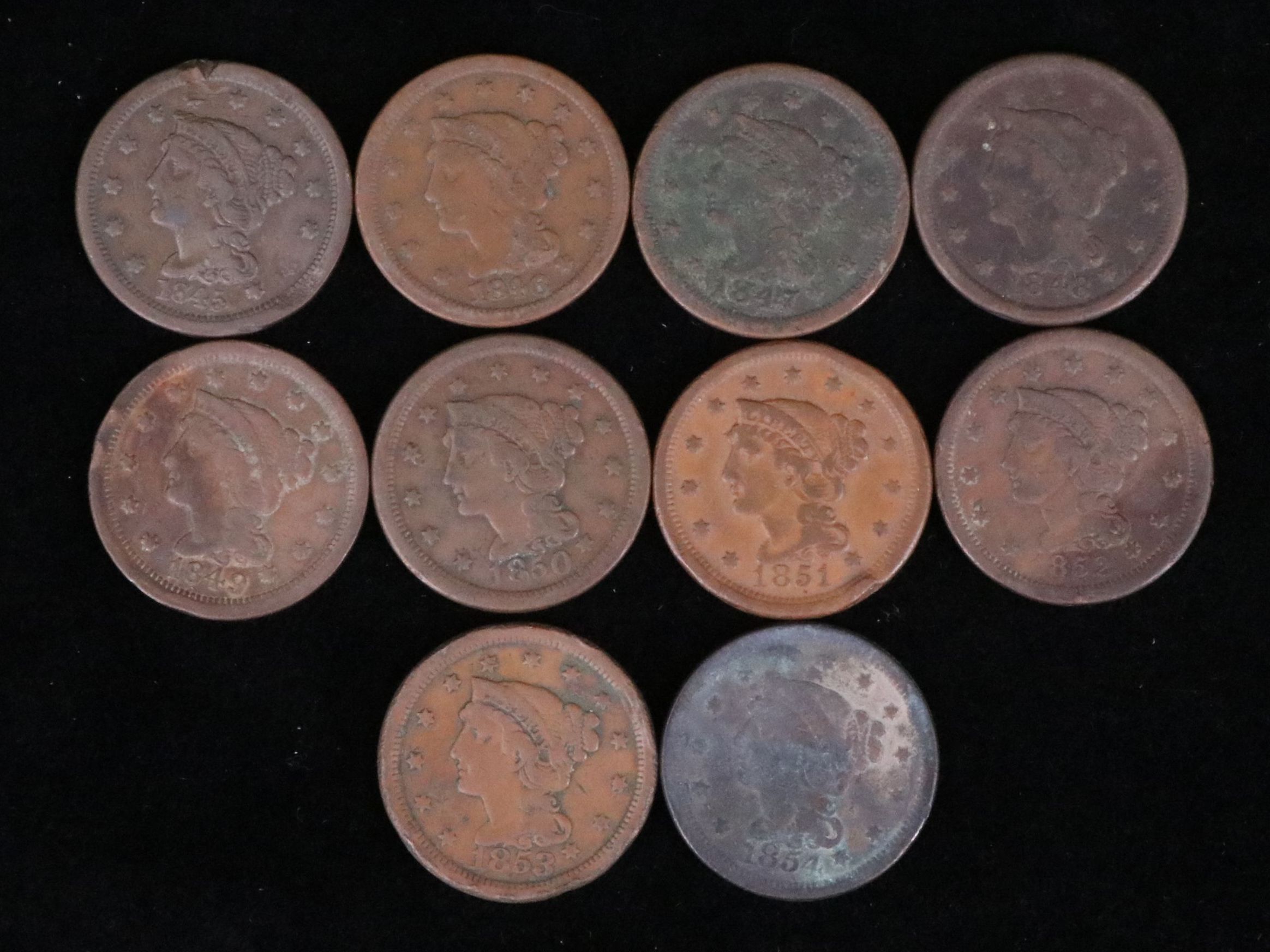 Ten Different U.S.Large Cents from 1845-1854