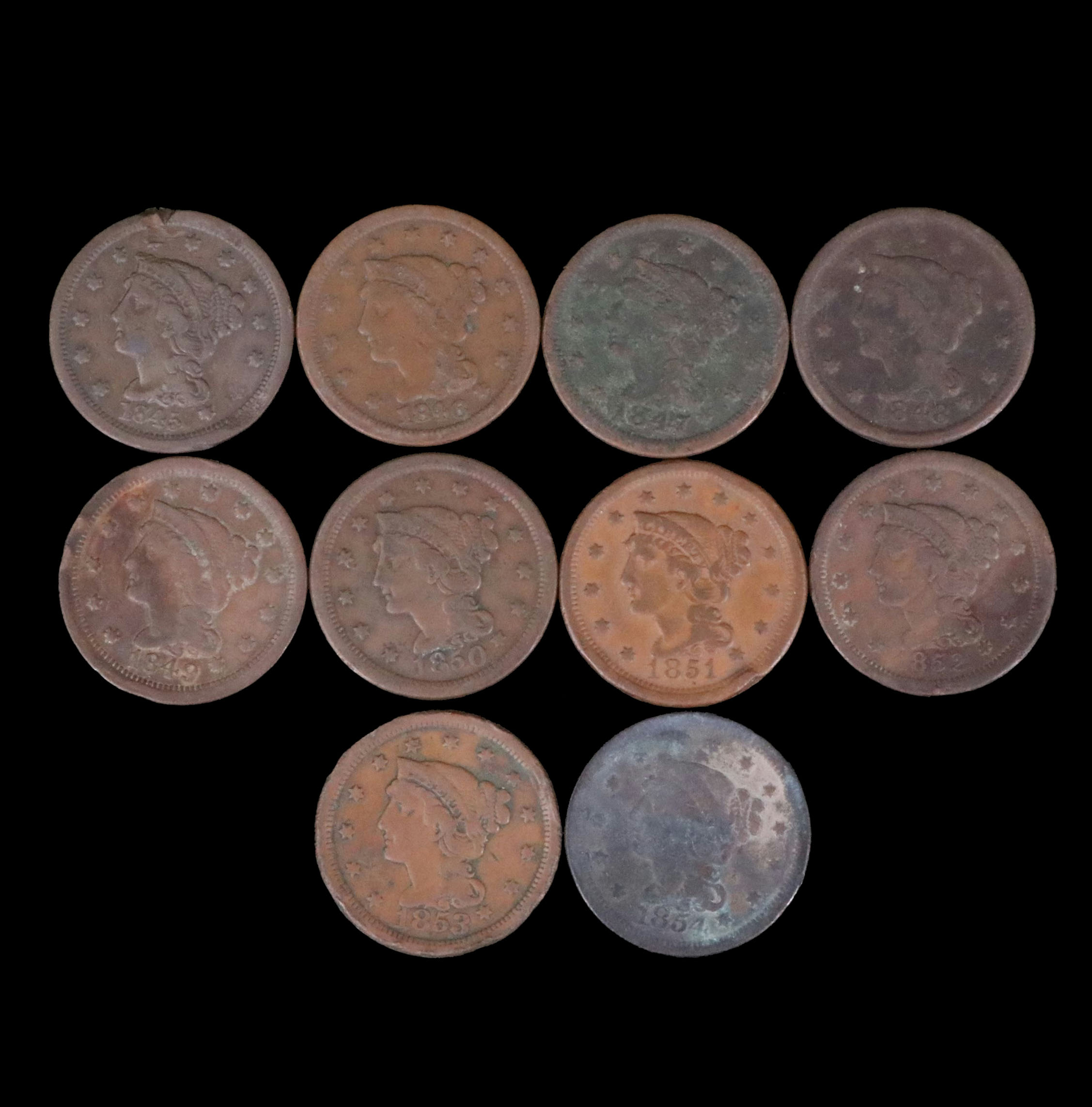 Ten Different U.S.Large Cents from 1845-1854