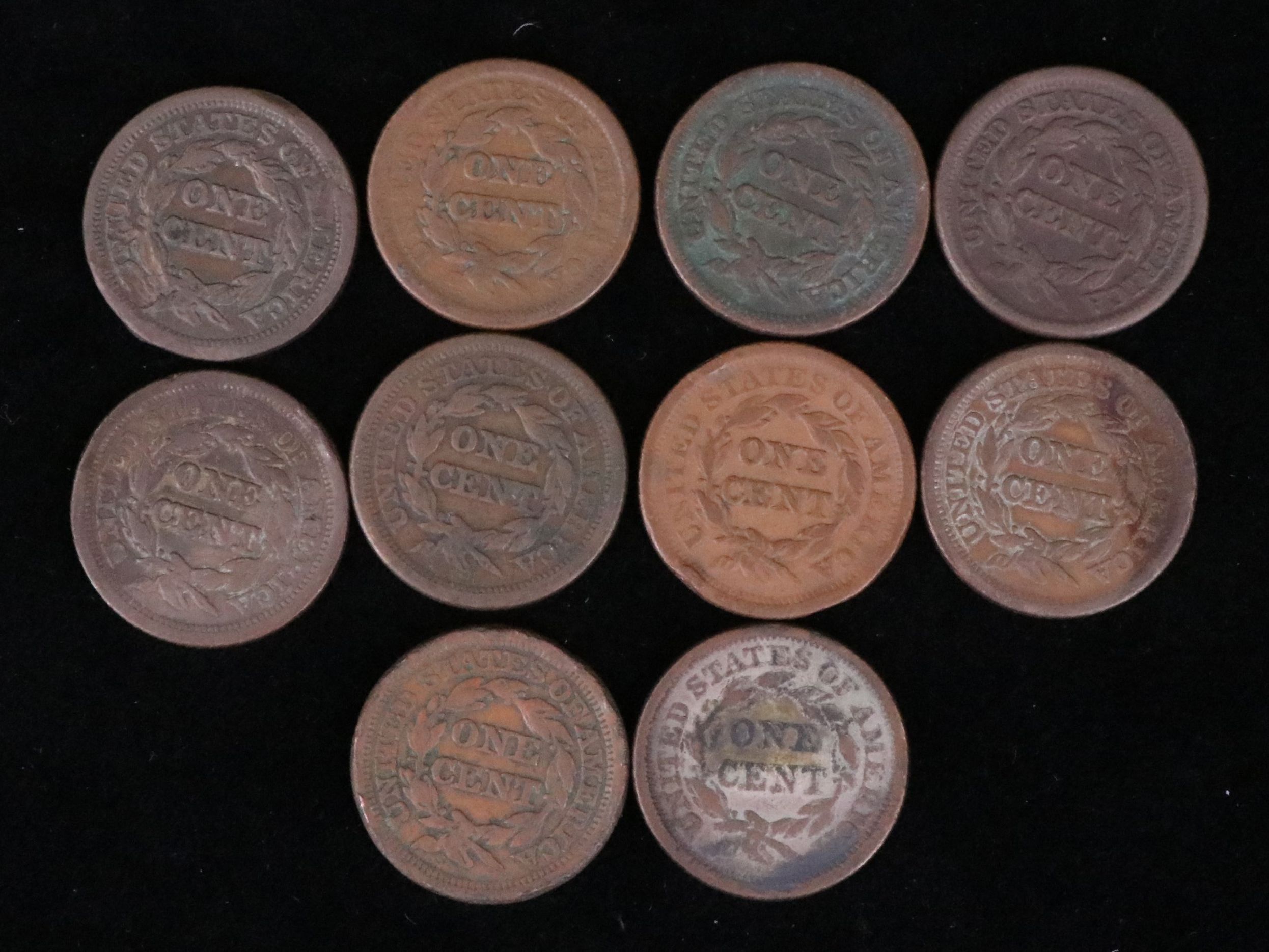 Ten Different U.S.Large Cents from 1845-1854