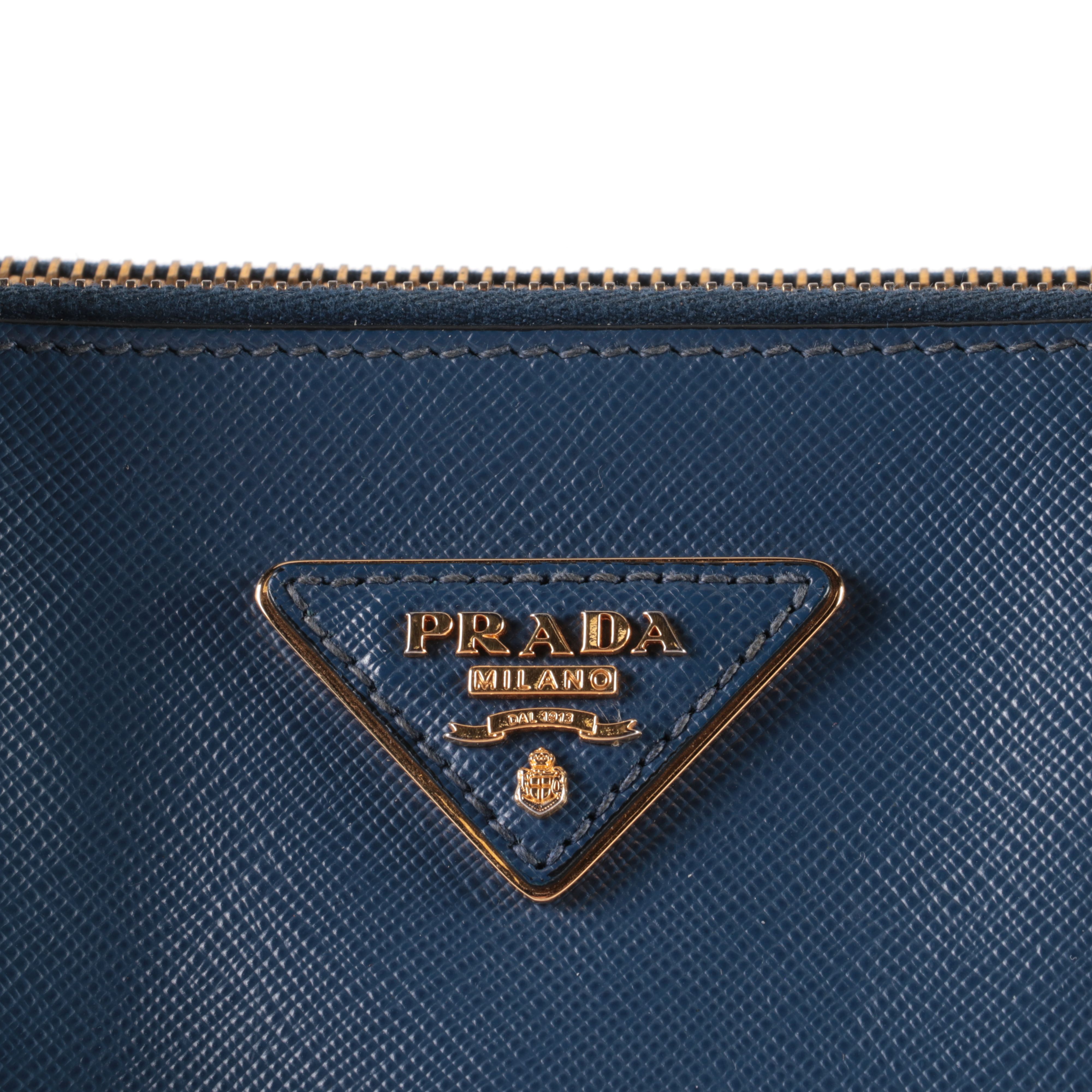 Prada Galleria Double Zip Tote Bag in Blue and Black Saffiano Leather