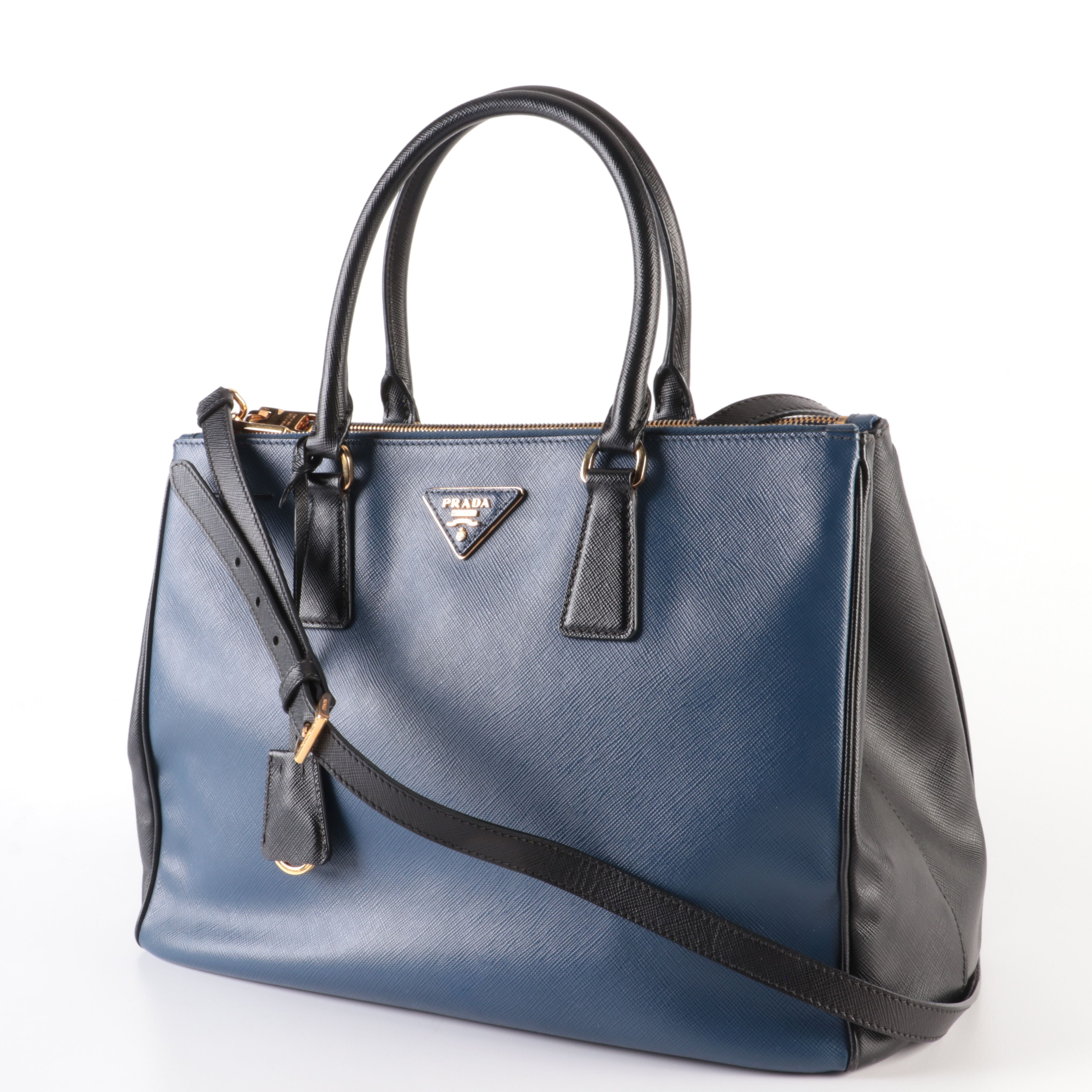Prada Galleria Double Zip Tote Bag in Blue and Black Saffiano Leather