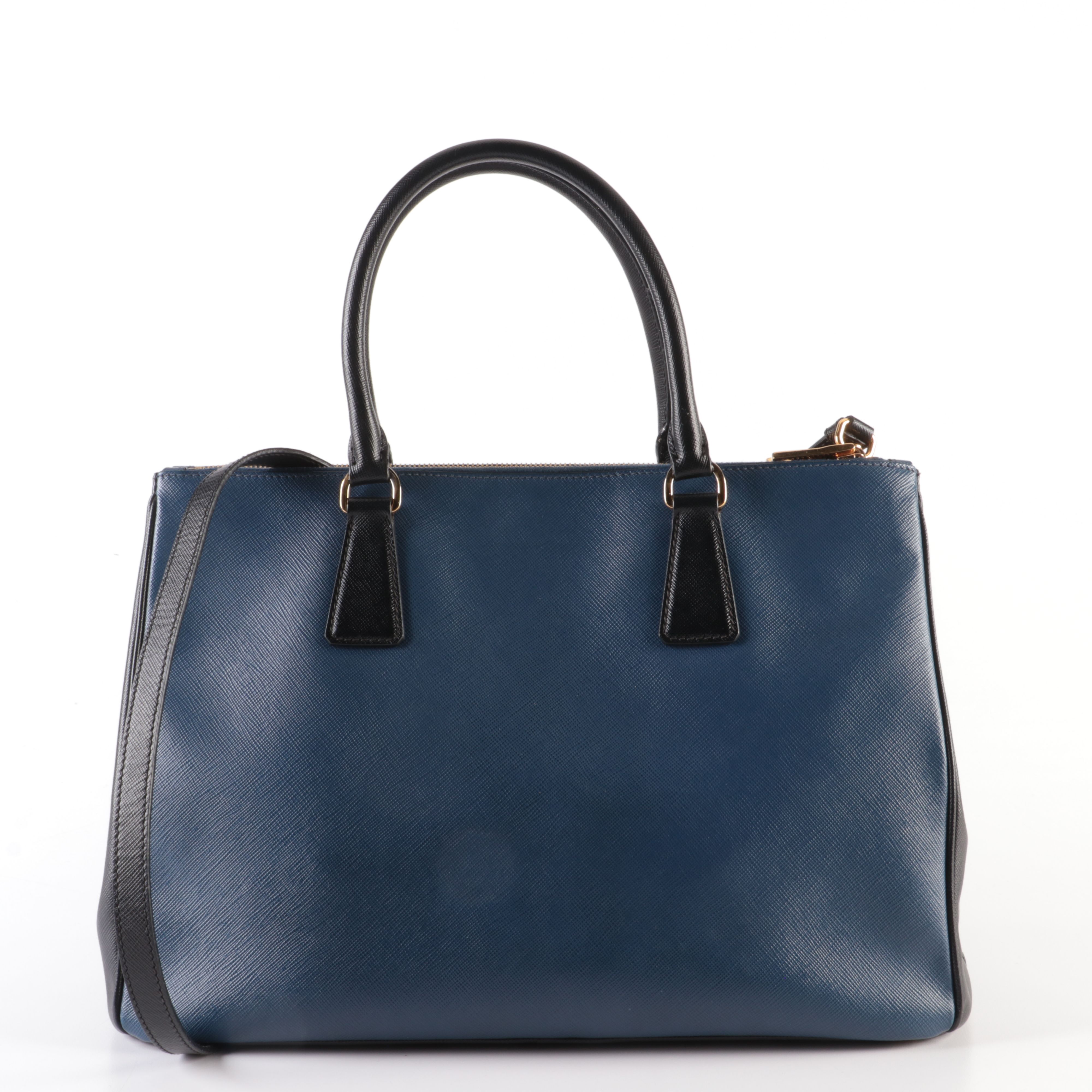 Prada Galleria Double Zip Tote Bag in Blue and Black Saffiano Leather