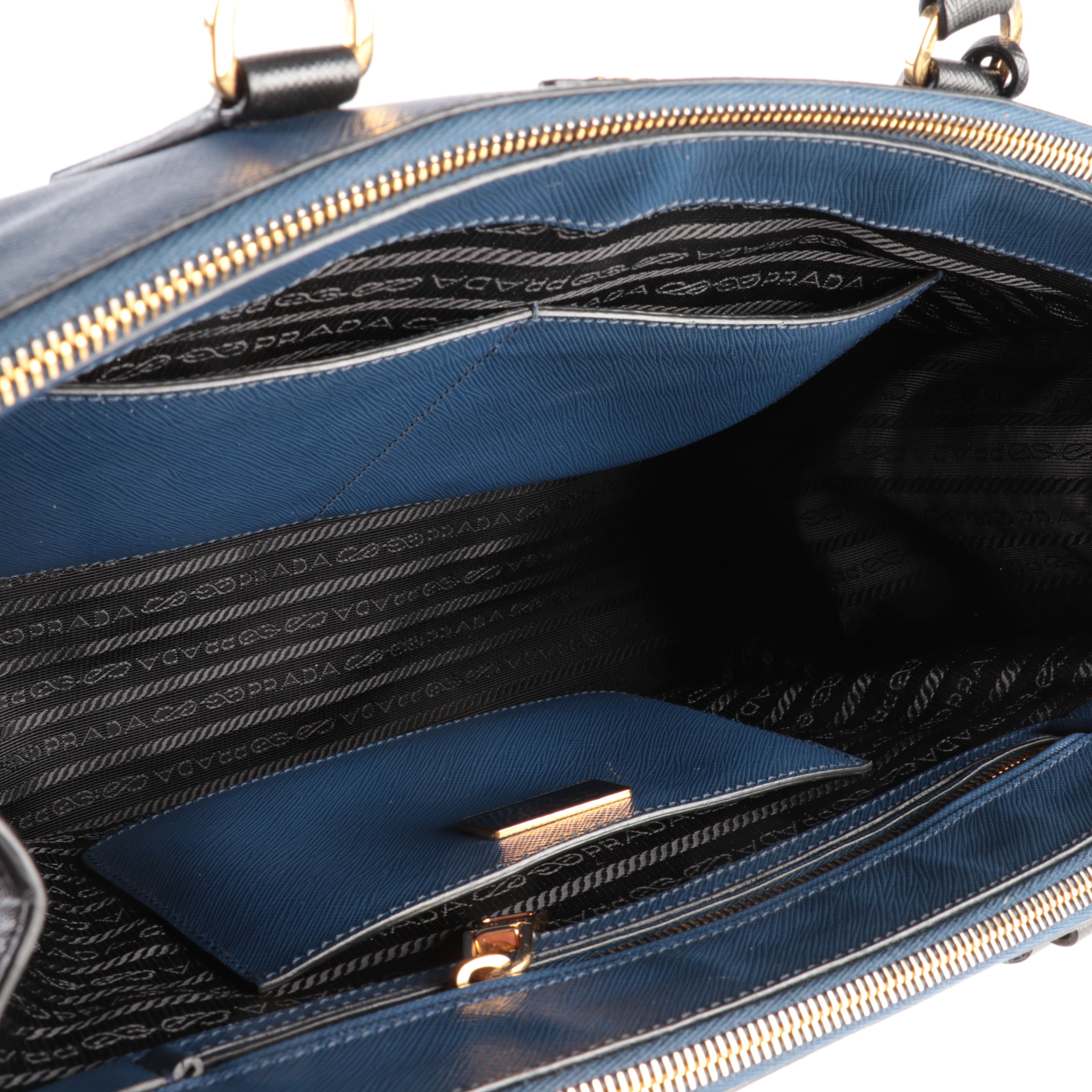 Prada Galleria Double Zip Tote Bag in Blue and Black Saffiano Leather
