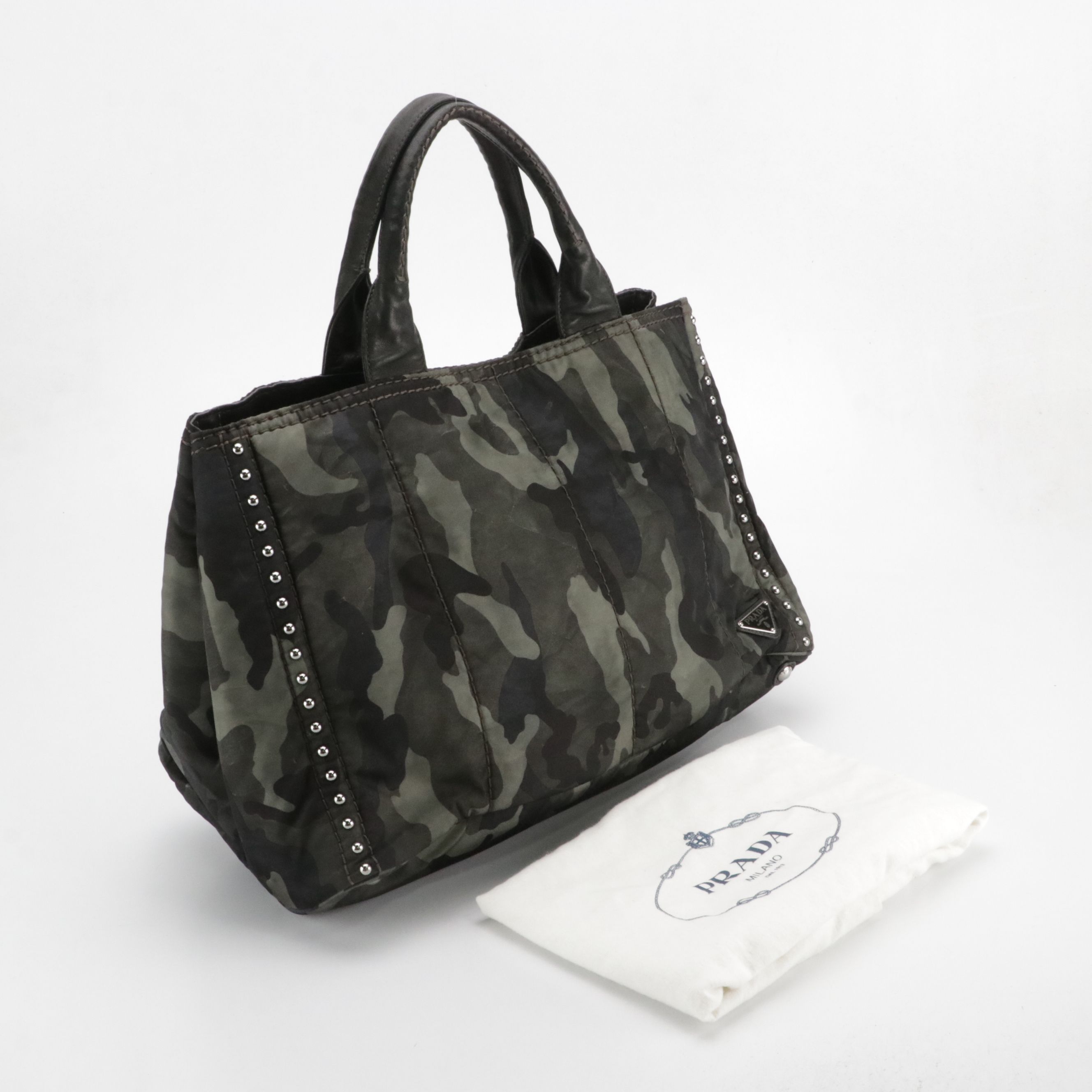 Prada Studded Camo Nylon and Lambskin Leather Tote on Black/Grey