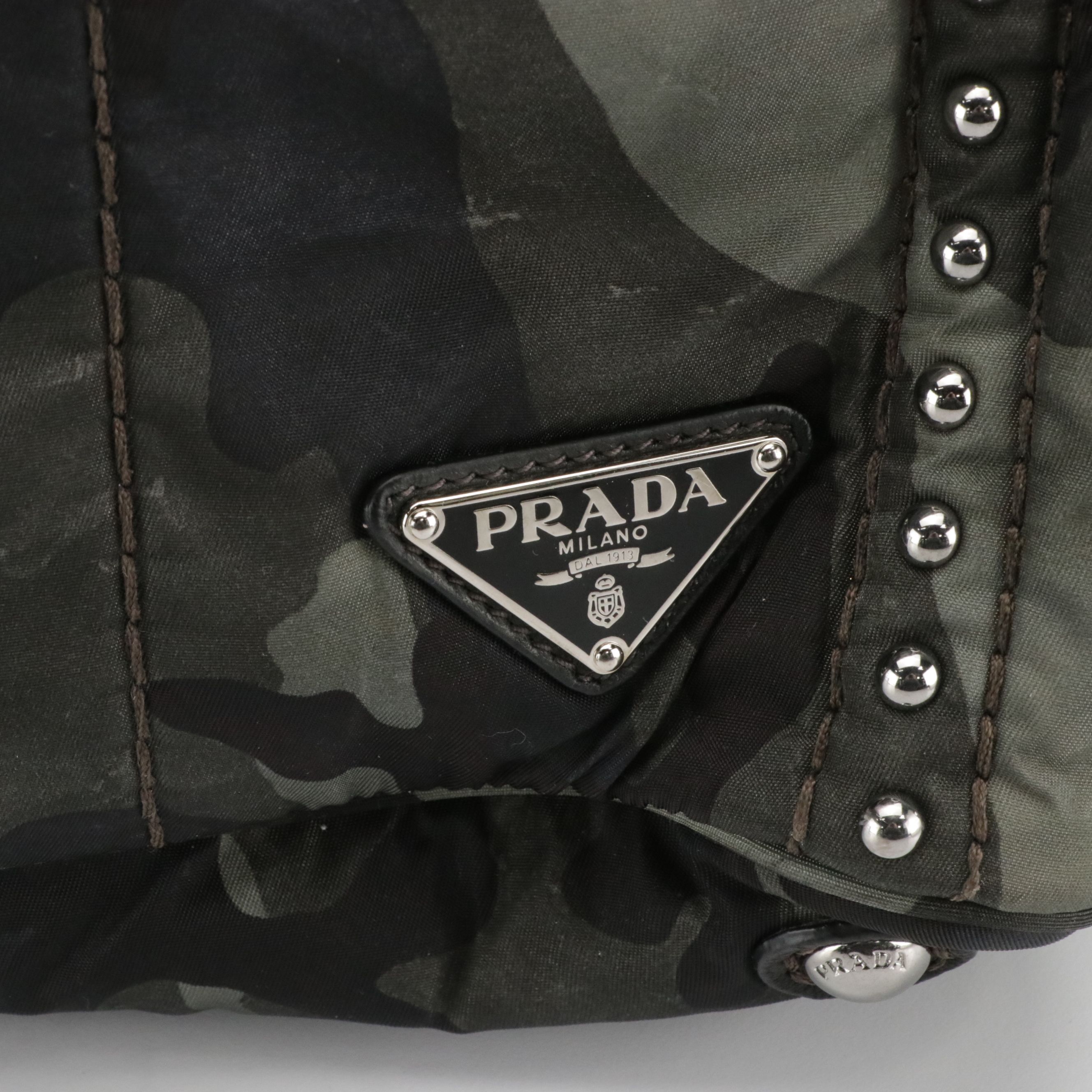 Prada Studded Camo Nylon and Lambskin Leather Tote on Black/Grey