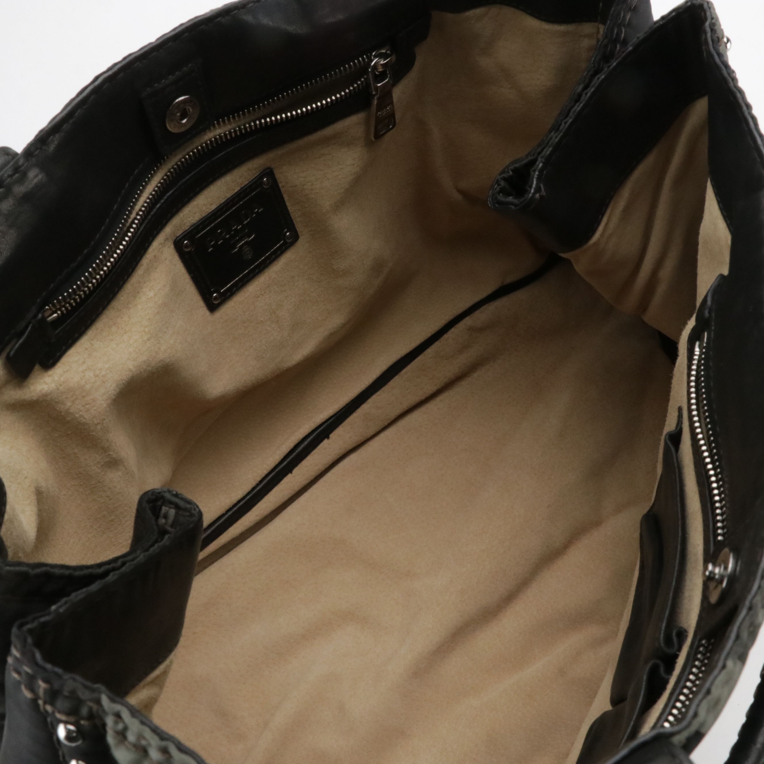 Prada Studded Camo Nylon and Lambskin Leather Tote on Black/Grey