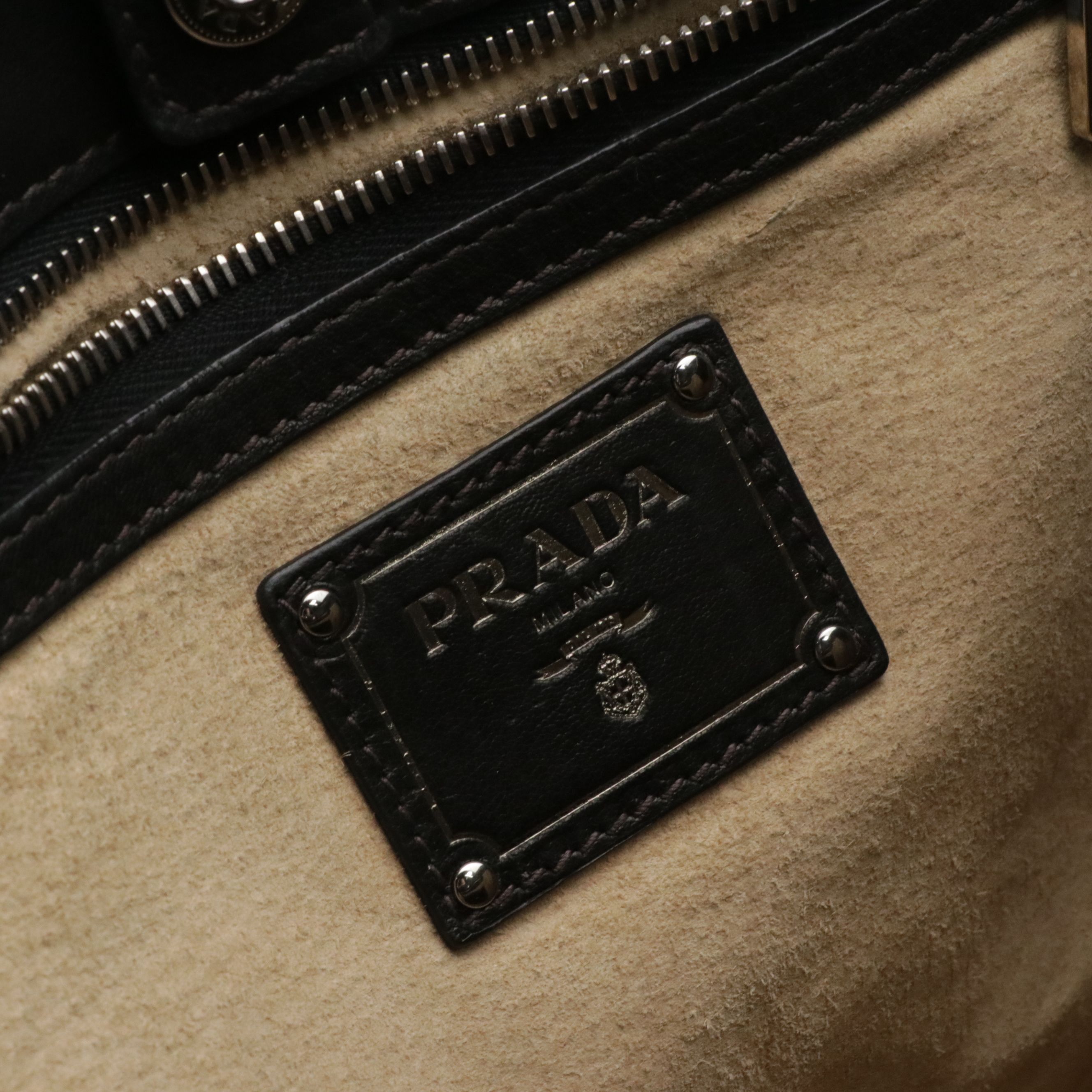 Prada Studded Camo Nylon and Lambskin Leather Tote on Black/Grey