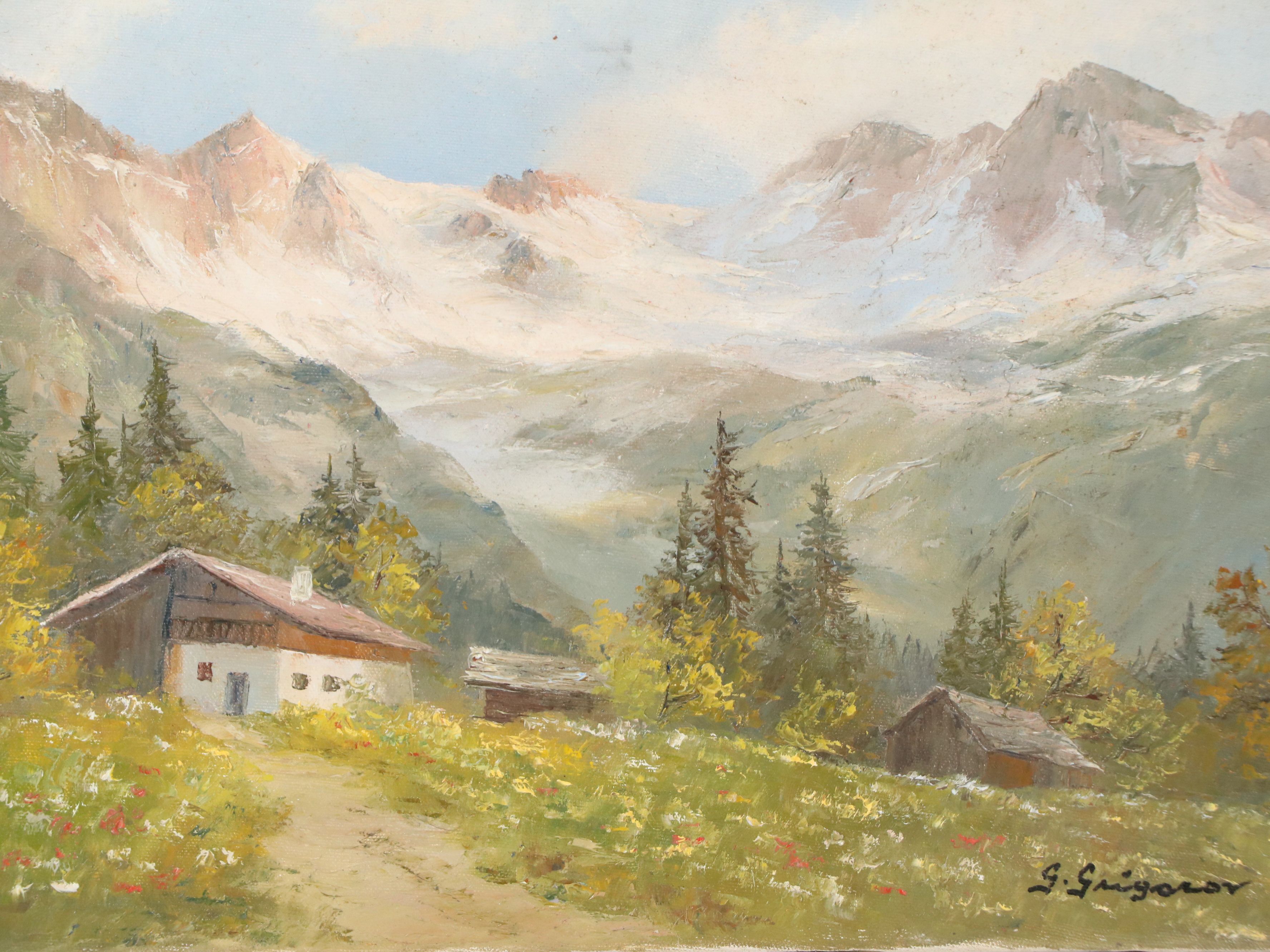 Gertrude Grigorov Oil Painting of Alpine Valley Landscape, Mid-20th Century