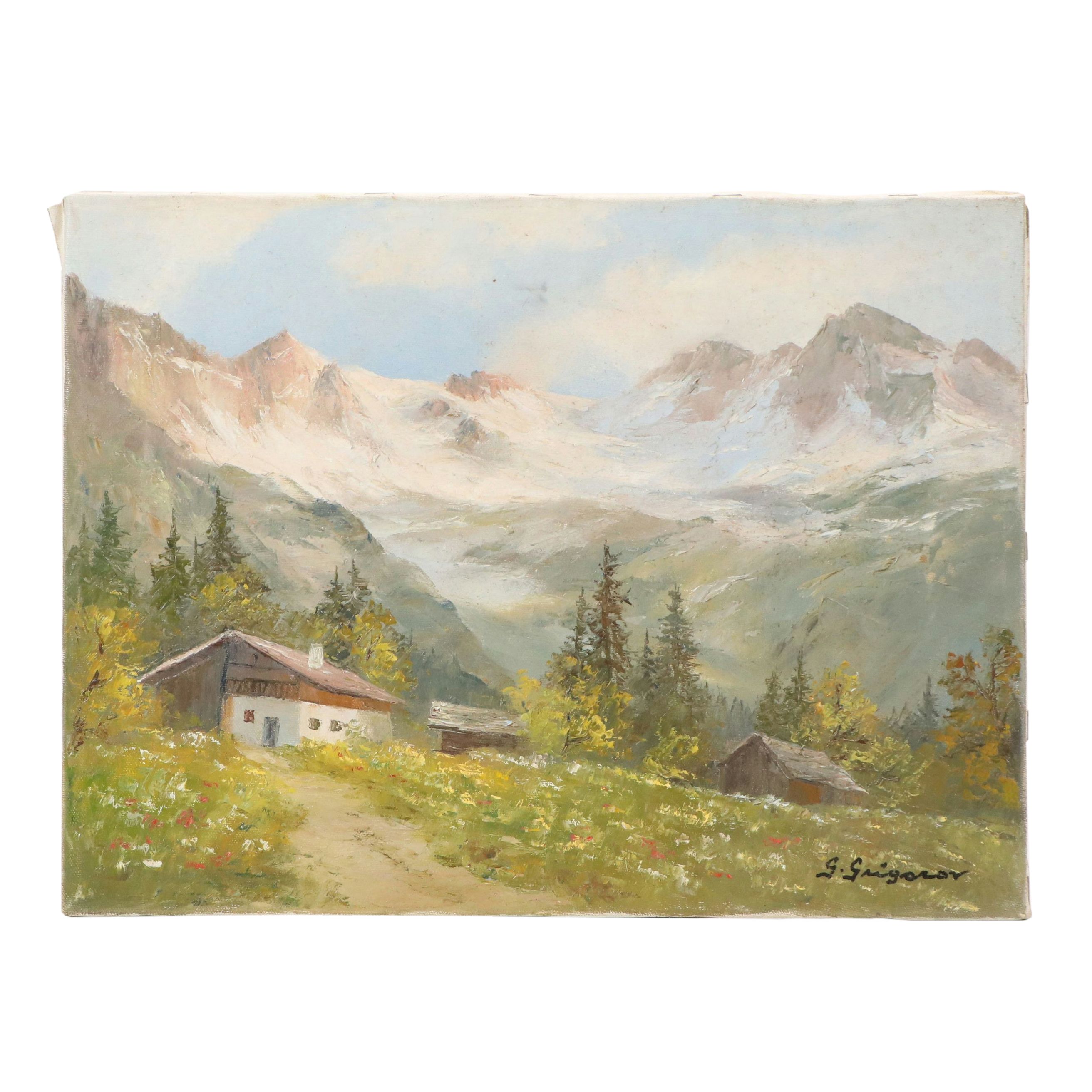 Gertrude Grigorov Oil Painting of Alpine Valley Landscape, Mid-20th Century
