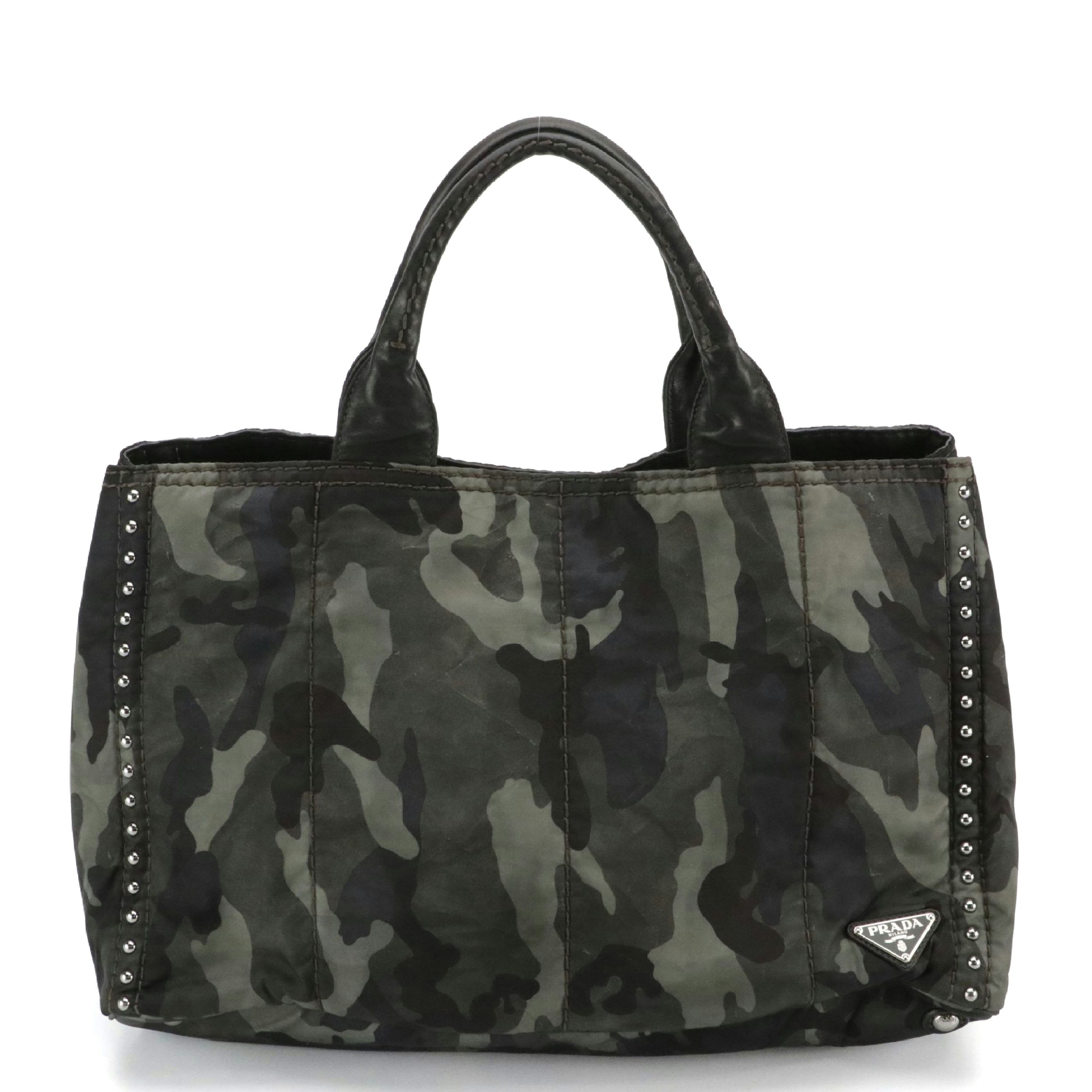 Prada Studded Camo Nylon and Lambskin Leather Tote on Black/Grey