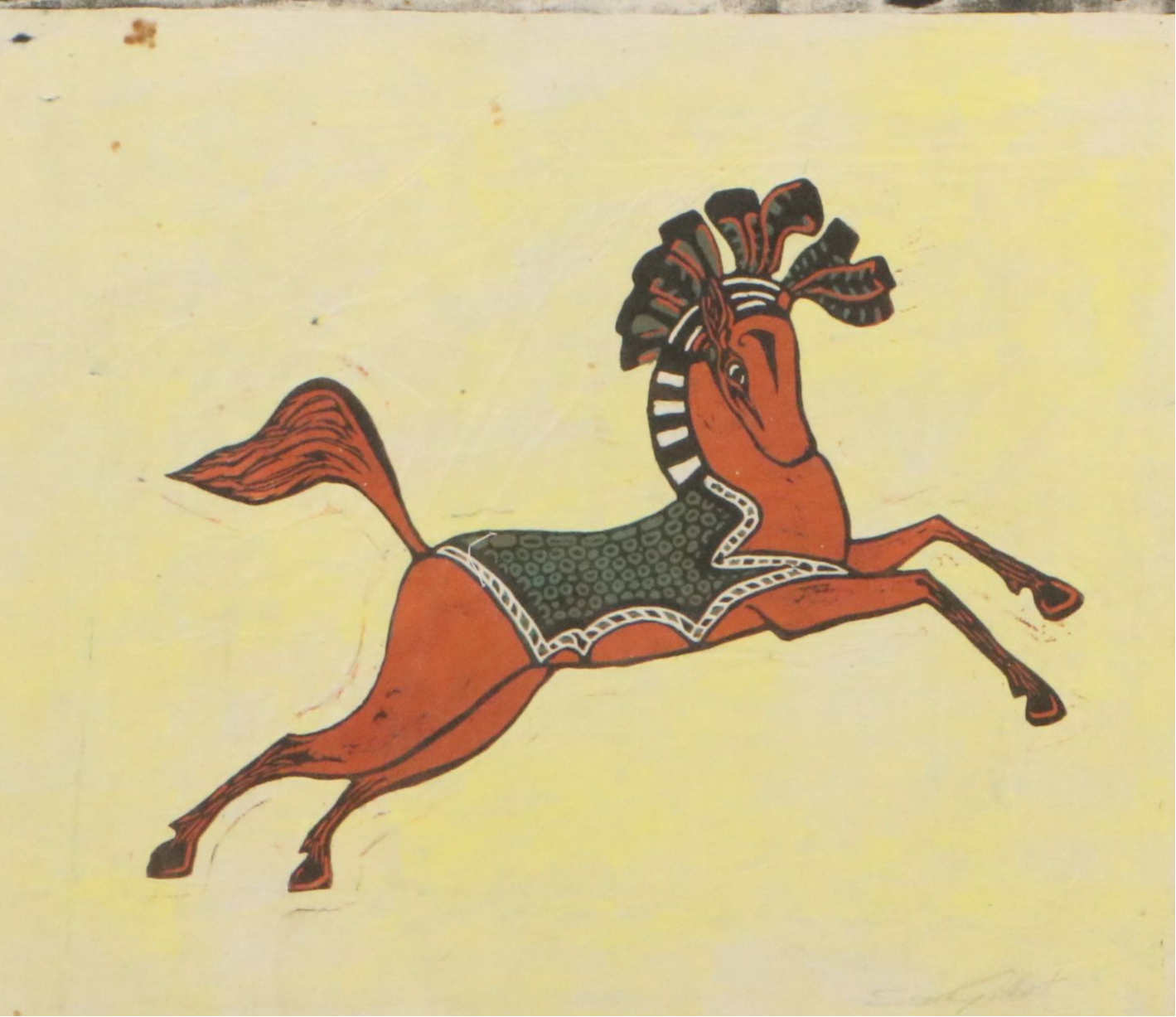 Susan Gilbert Reduction Woodcut of Leaping Horse