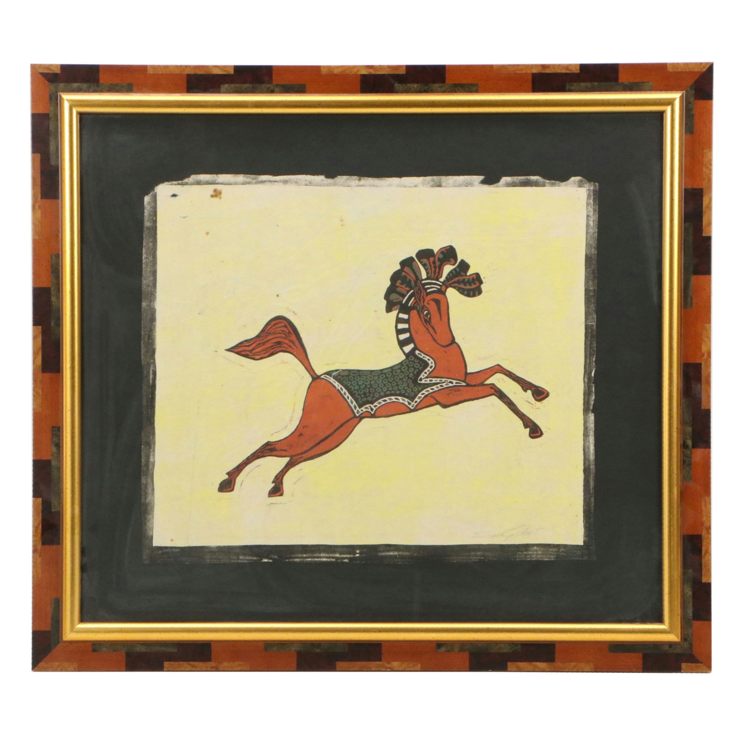 Susan Gilbert Reduction Woodcut of Leaping Horse