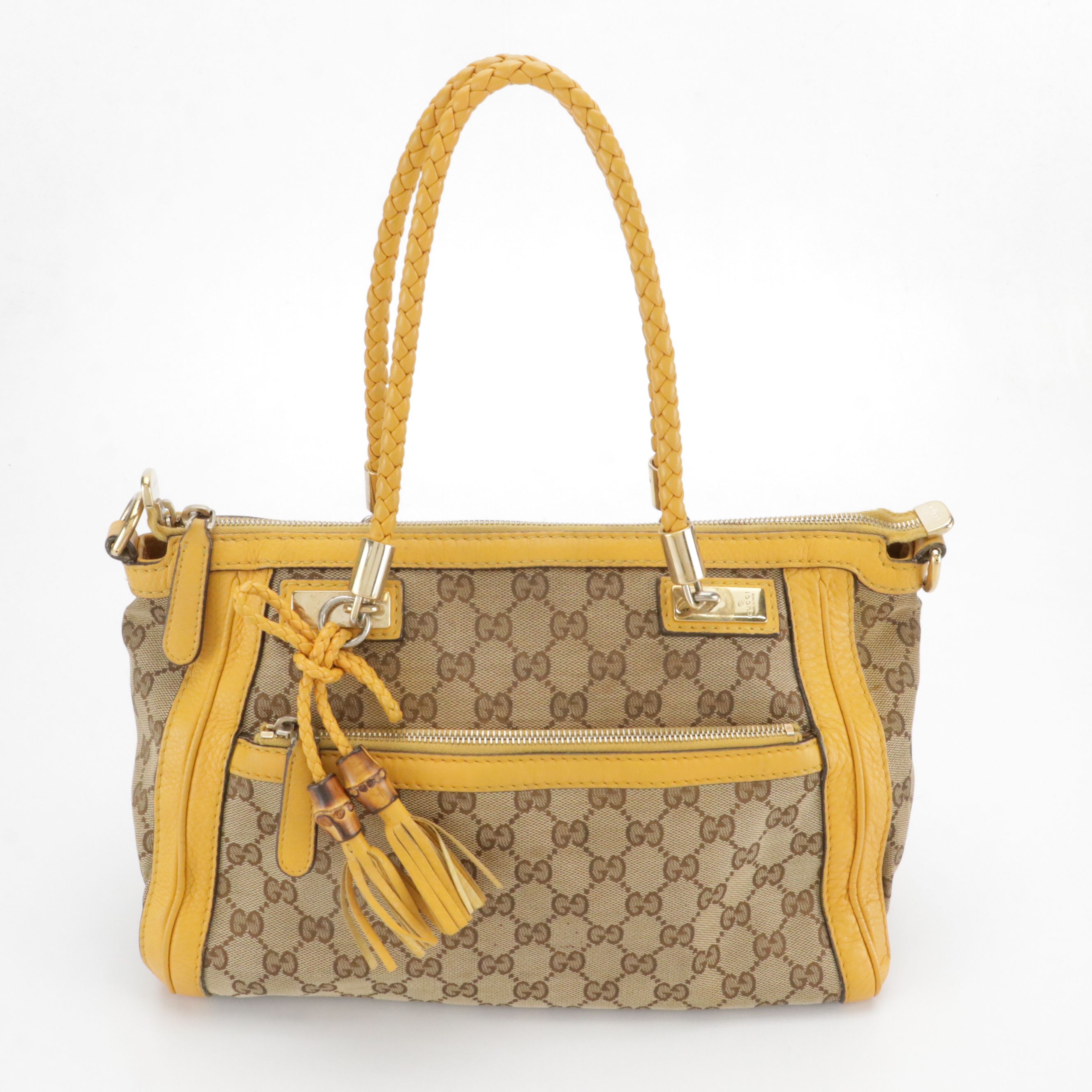 Gucci Braided Strap Bella Two-Way Bag in GG Canvas and Yellow Leather Trim