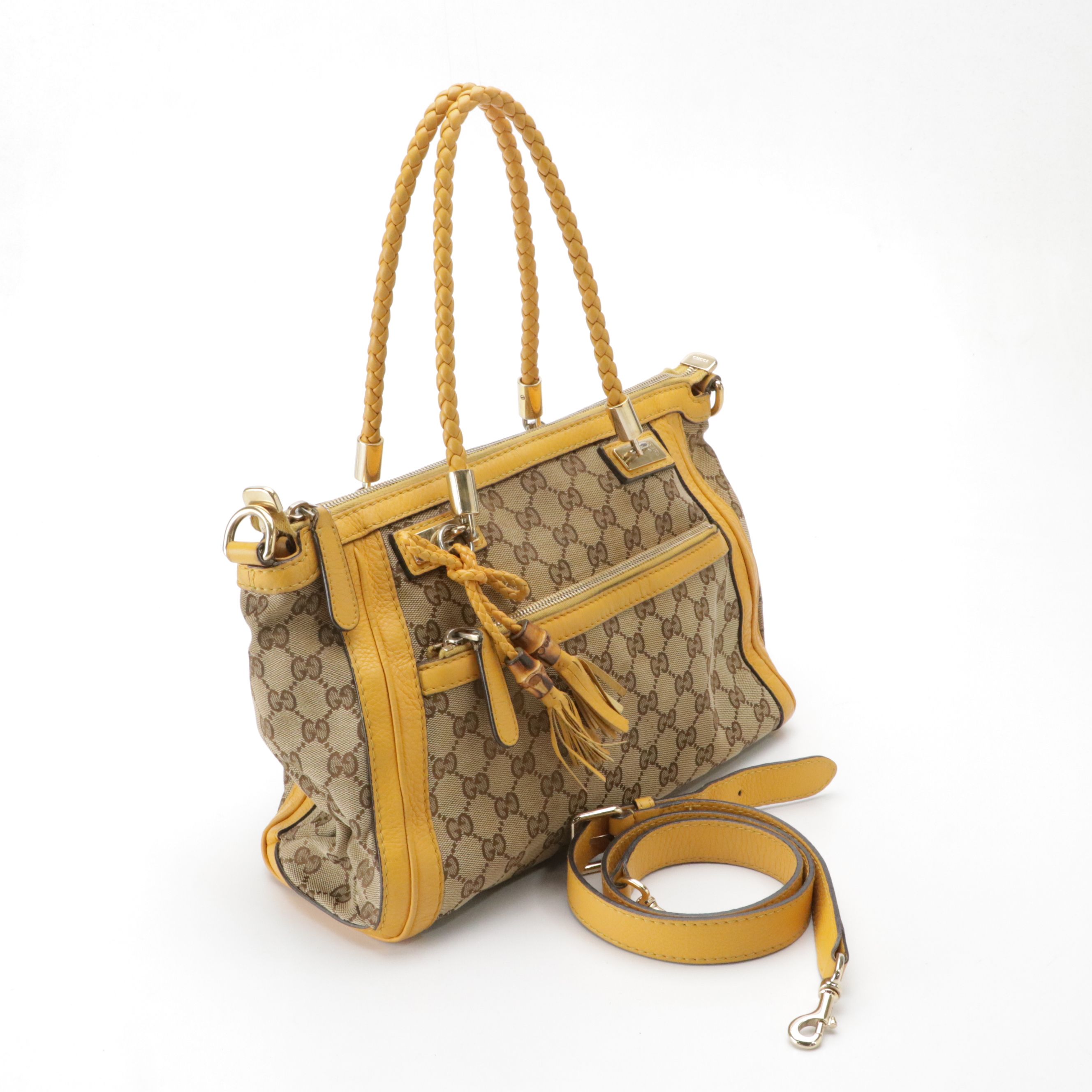 Gucci Braided Strap Bella Two-Way Bag in GG Canvas and Yellow Leather Trim