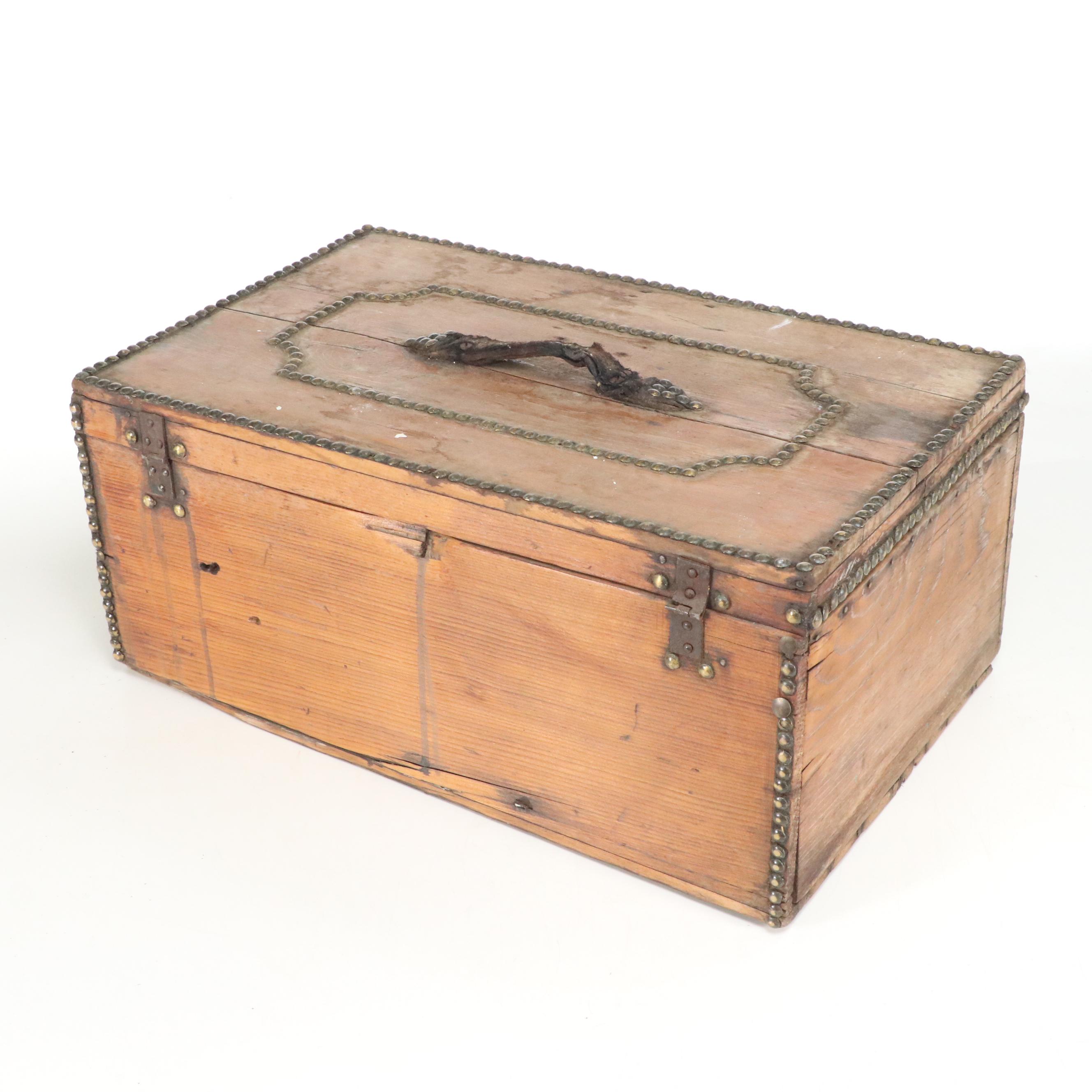 Atkins A. Clark Victorian Stud Embellished Wooden Trunk, 19th Century