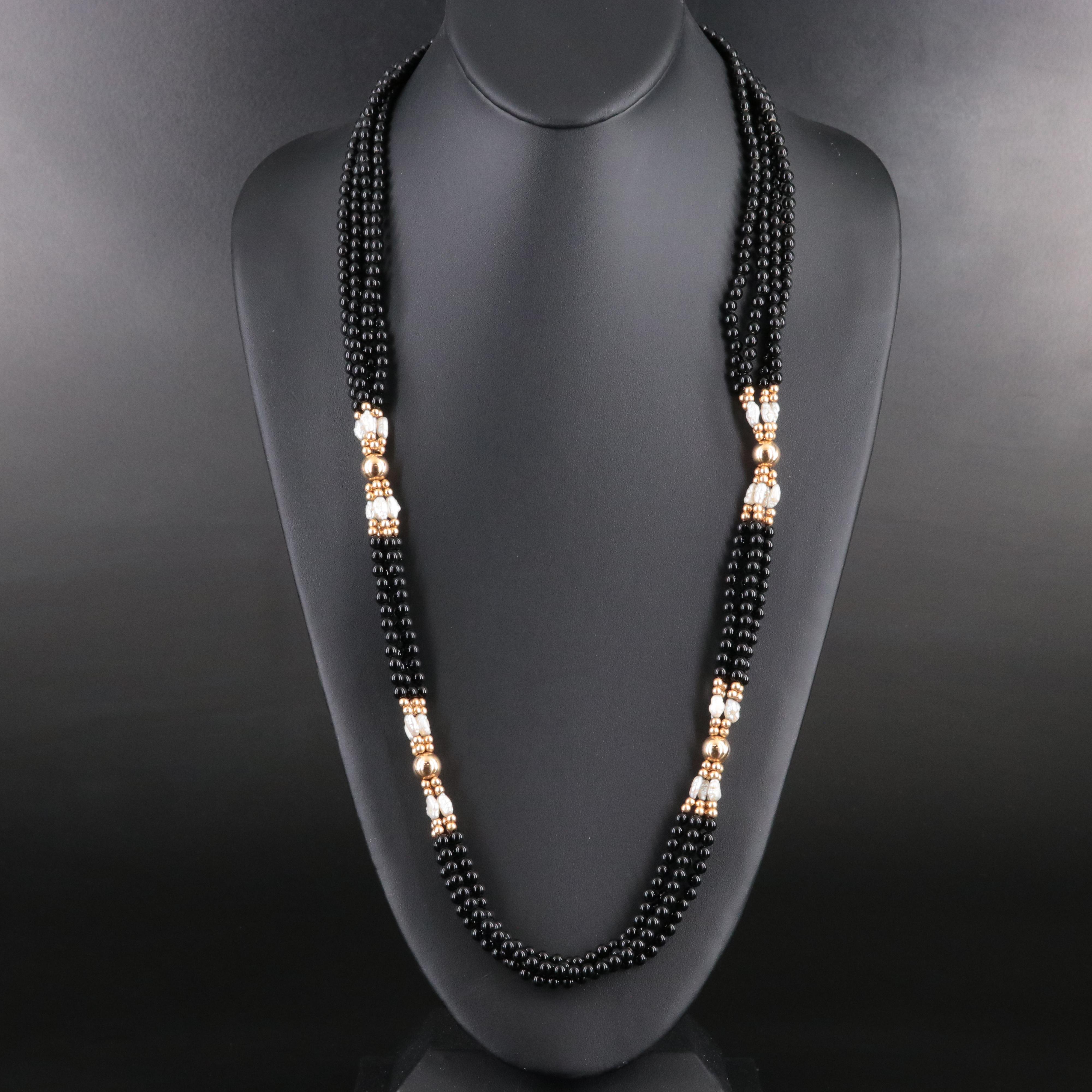 14K Black Onyx and Baroque Pearl Necklace