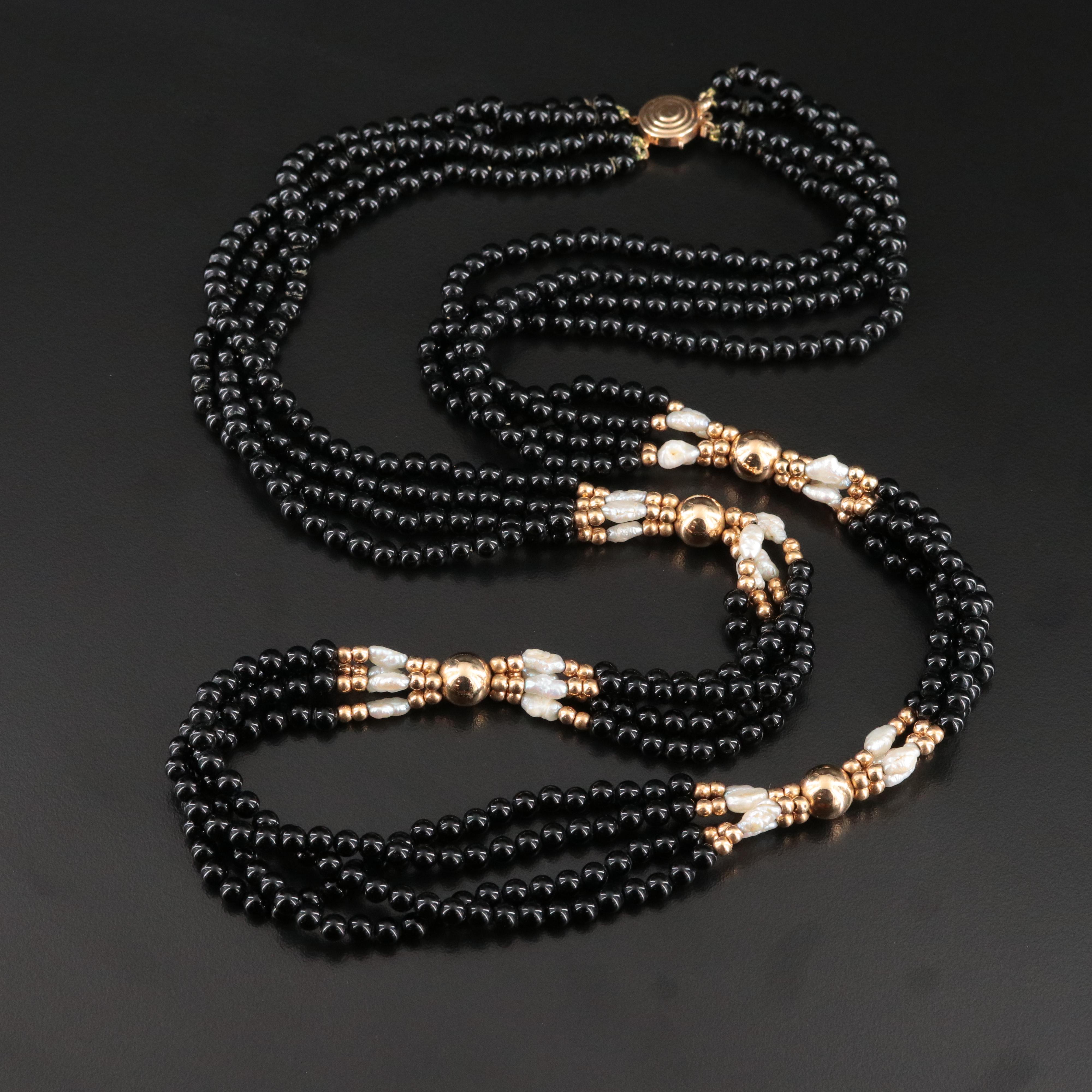 14K Black Onyx and Baroque Pearl Necklace