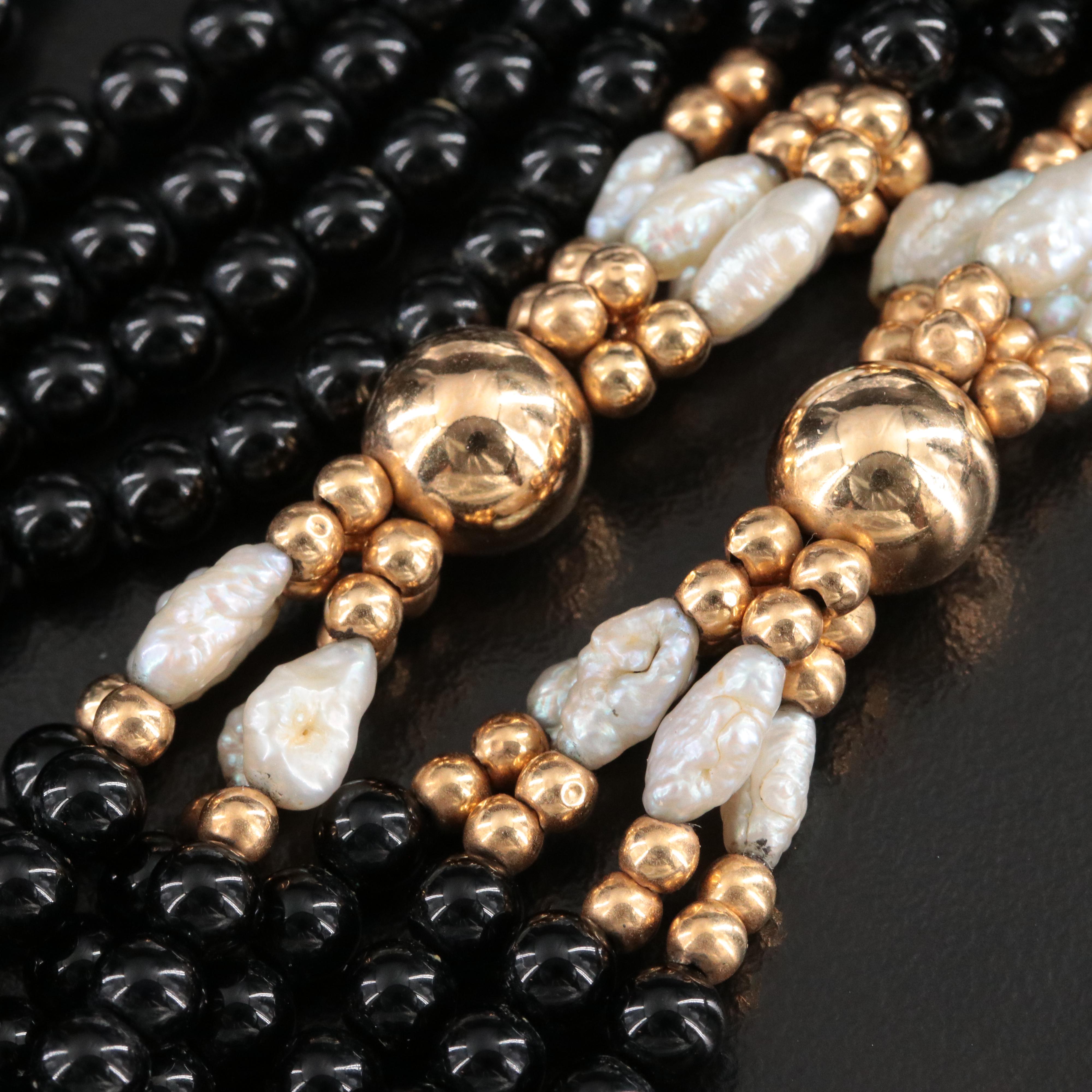 14K Black Onyx and Baroque Pearl Necklace