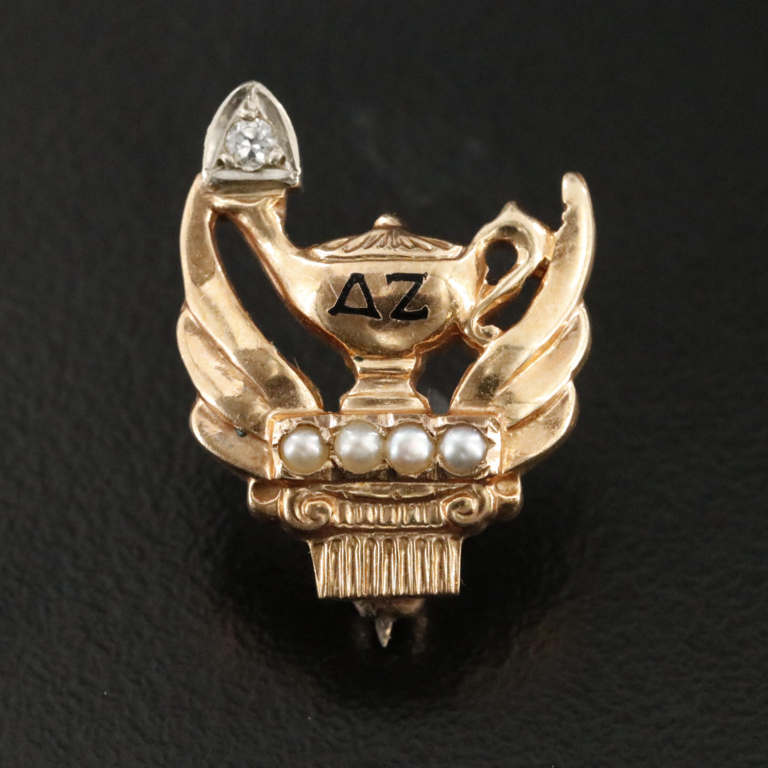 Vintage 14K Rock Crystal and Pearl Delta Zeta Sorority Pin