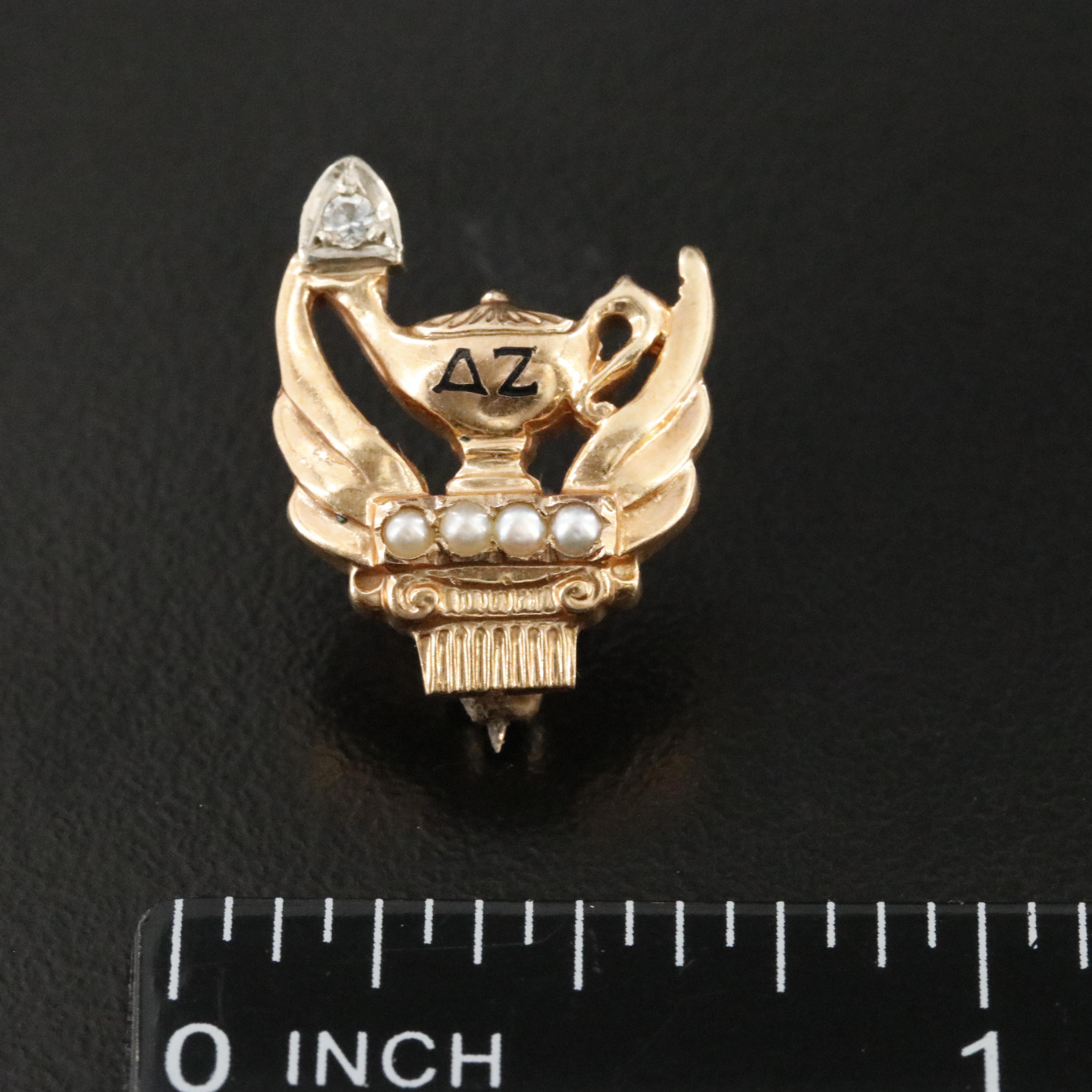 Vintage 14K Rock Crystal and Pearl Delta Zeta Sorority Pin