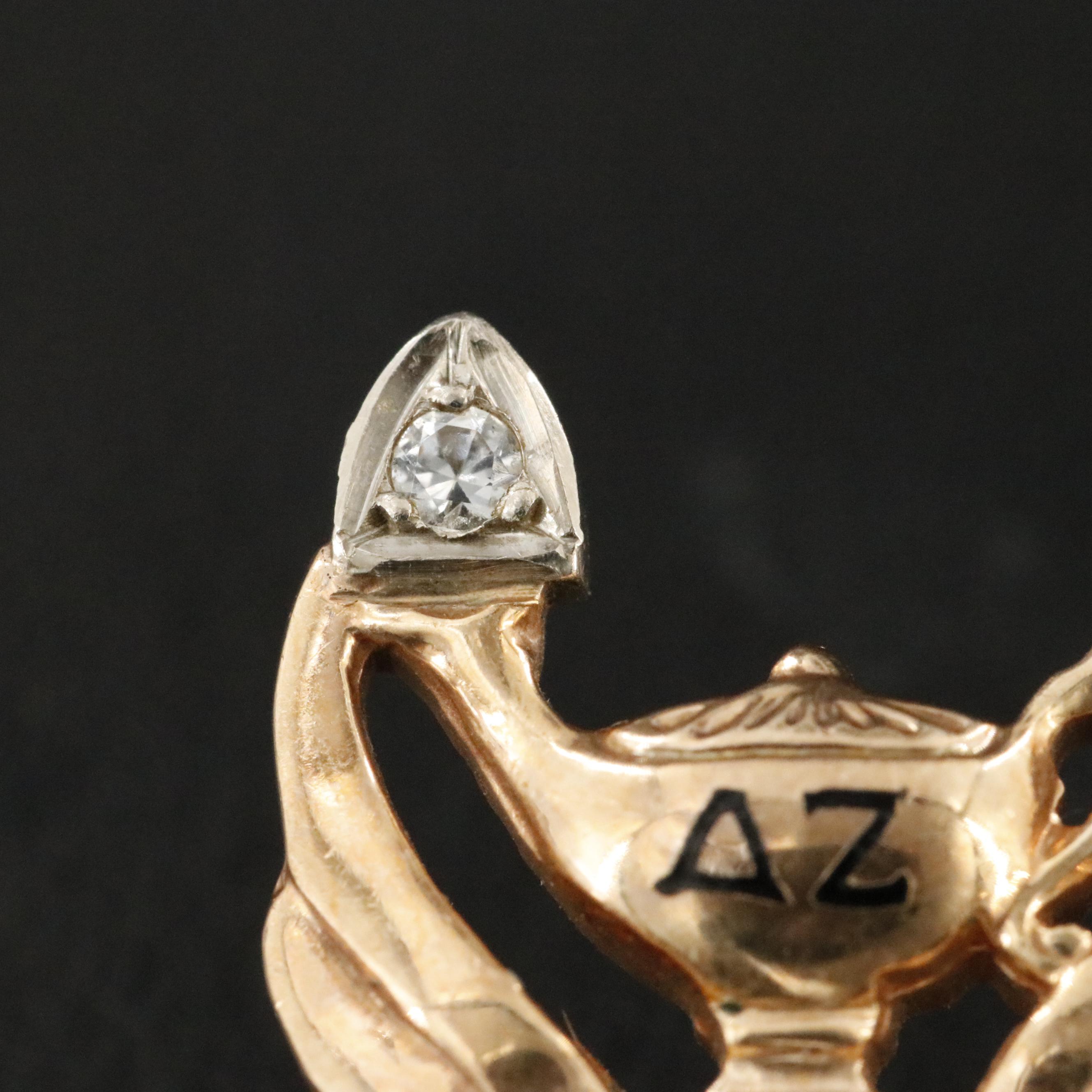 Vintage 14K Rock Crystal and Pearl Delta Zeta Sorority Pin