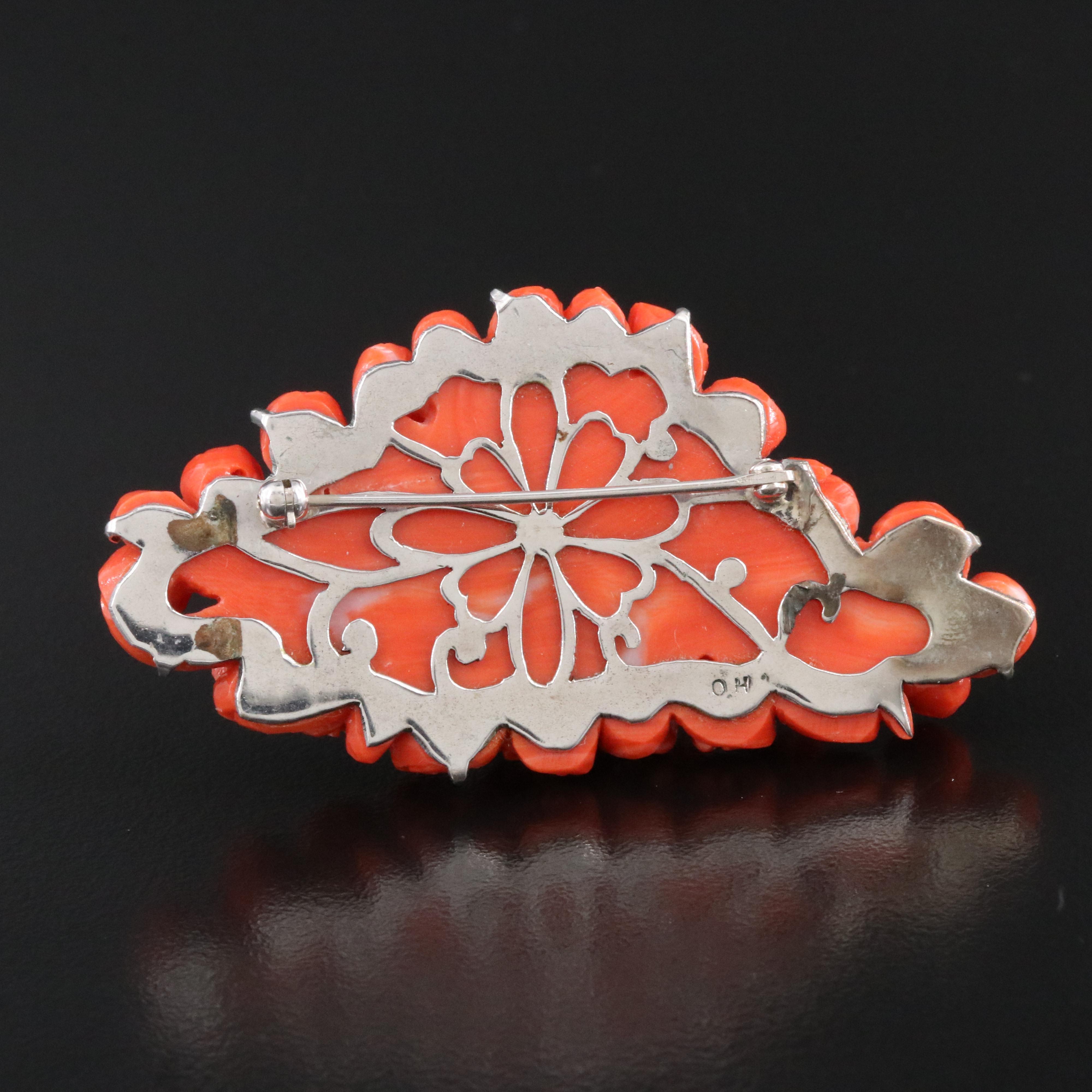 Carved Coral Brooch