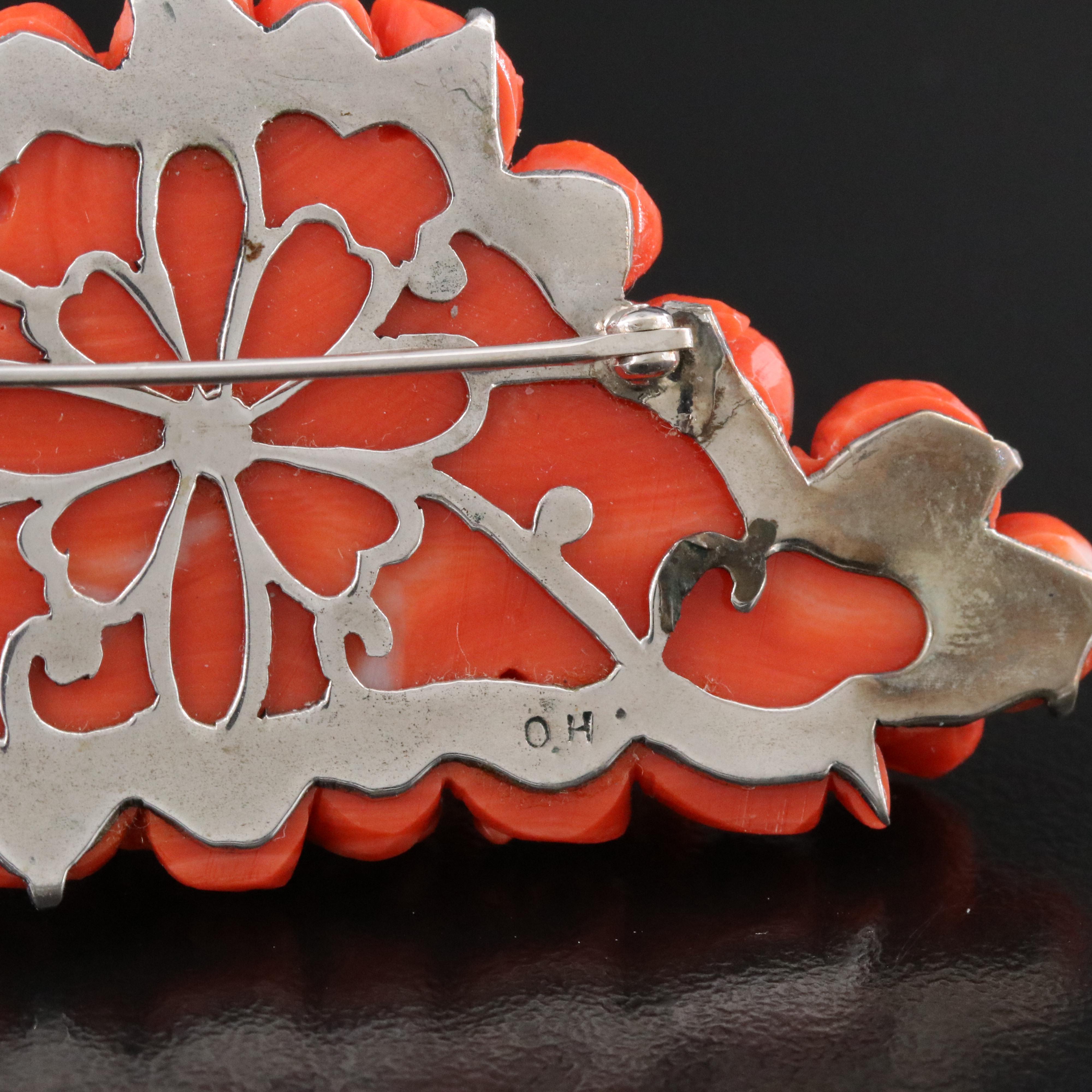 Carved Coral Brooch