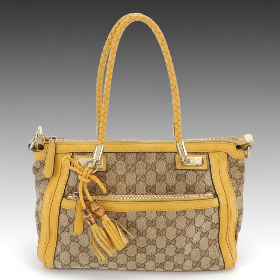 Gucci Braided Strap Bella Two-Way Bag in GG Canvas and Yellow Leather Trim