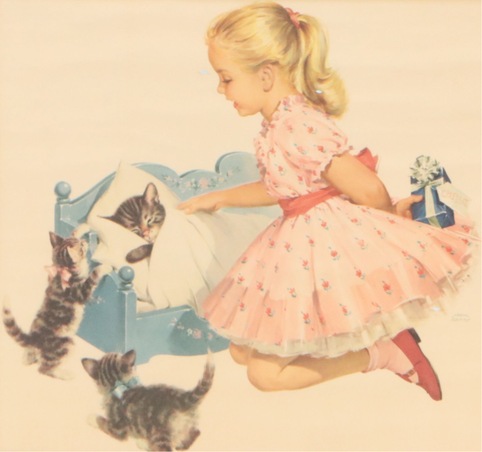 After Jack Kean Offset Lithograph of Little Girl, Chessie Cat, and Kittens