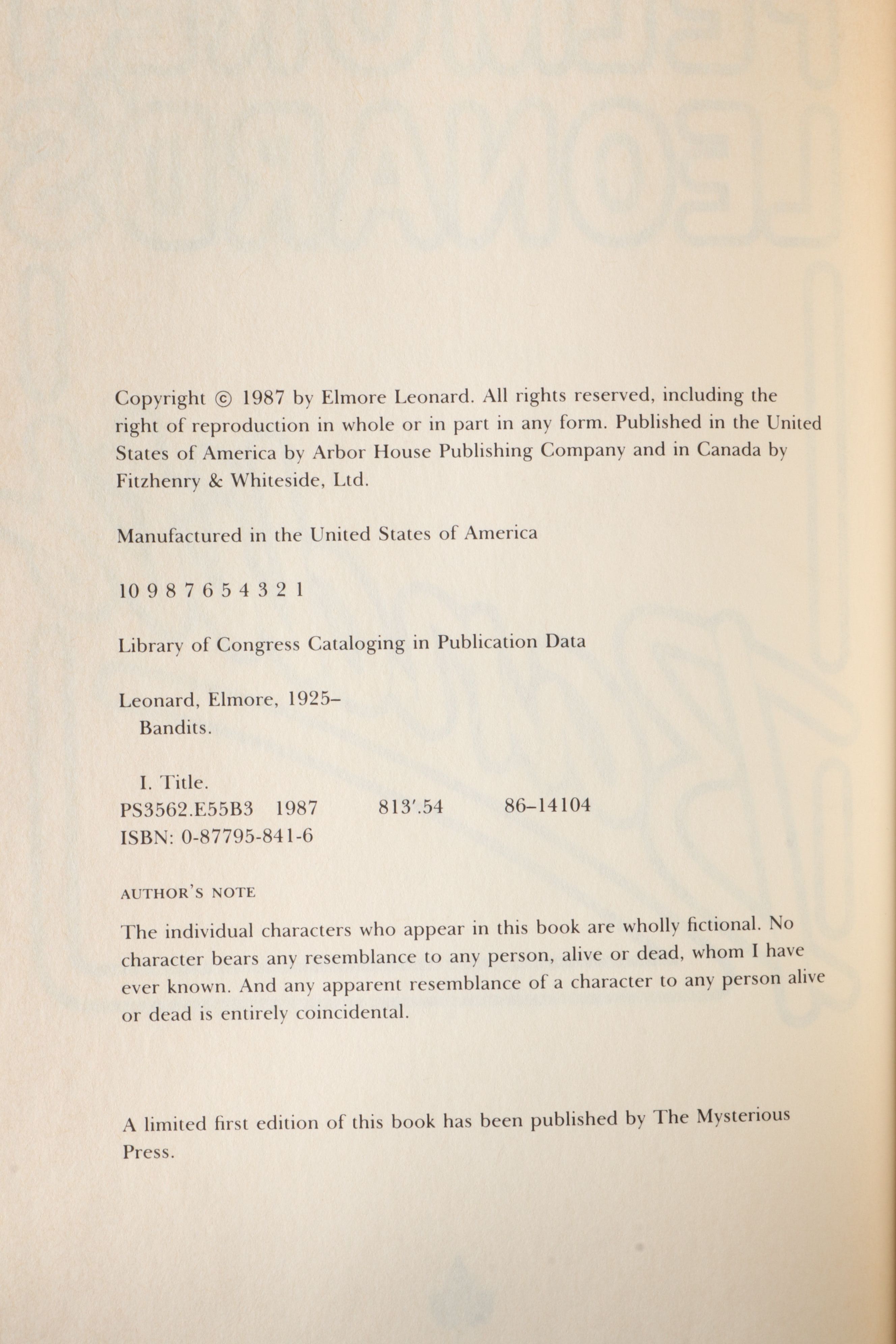 Signed First Trade Edition "Bandits" by Elmore Leonard, 1987