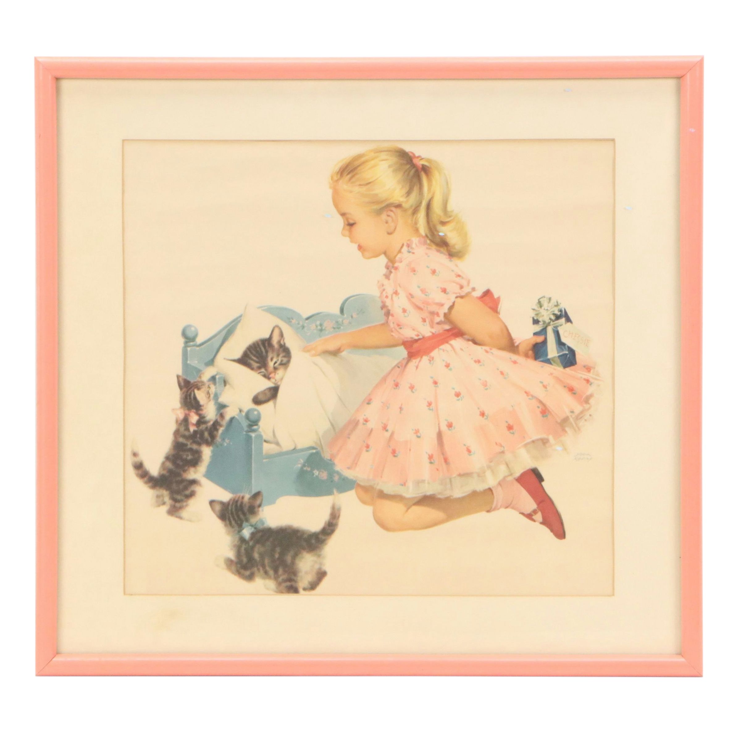 After Jack Kean Offset Lithograph of Little Girl, Chessie Cat, and Kittens