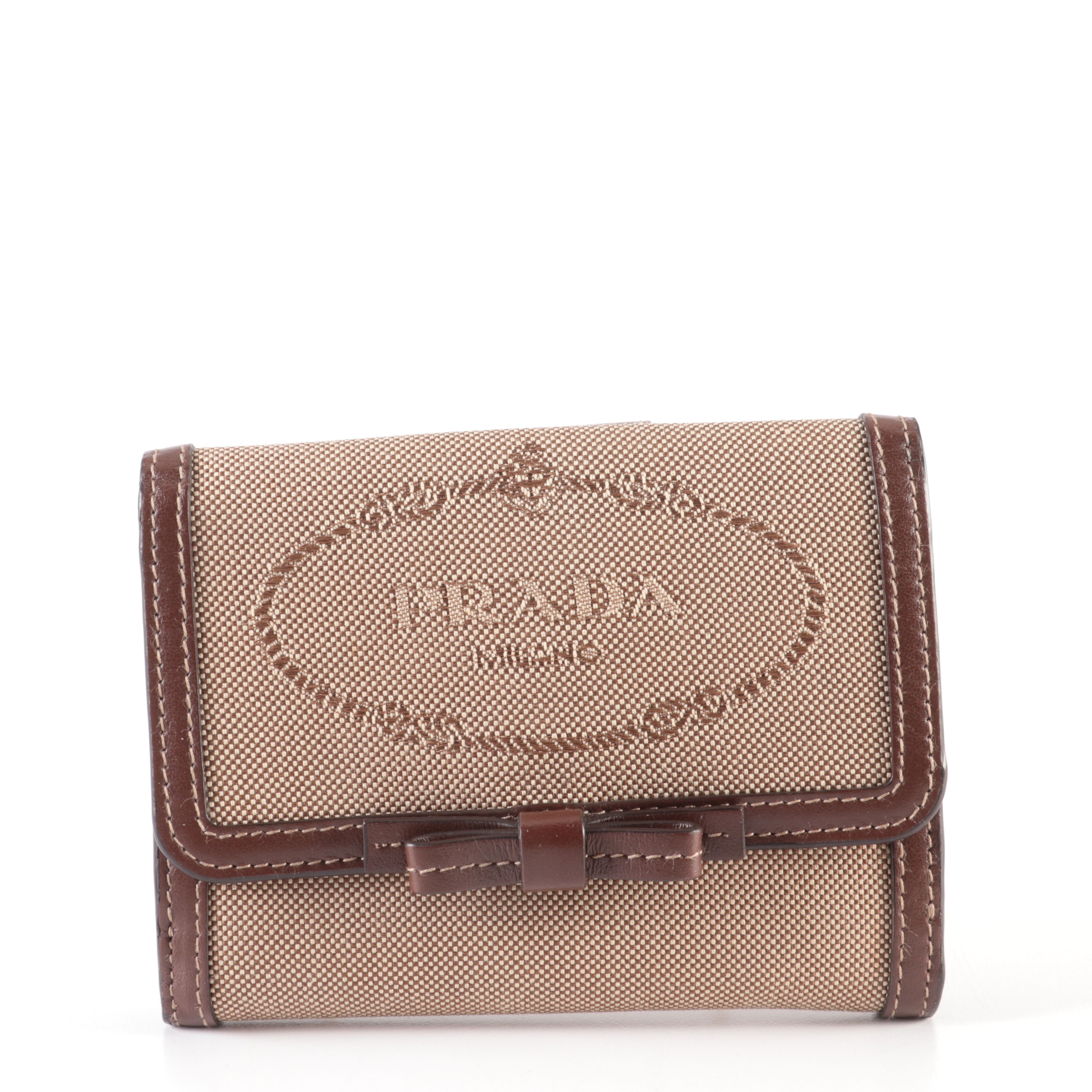 Prada Trifold Wallet in Beige Logo Jacquard Canvas and Brown Leather