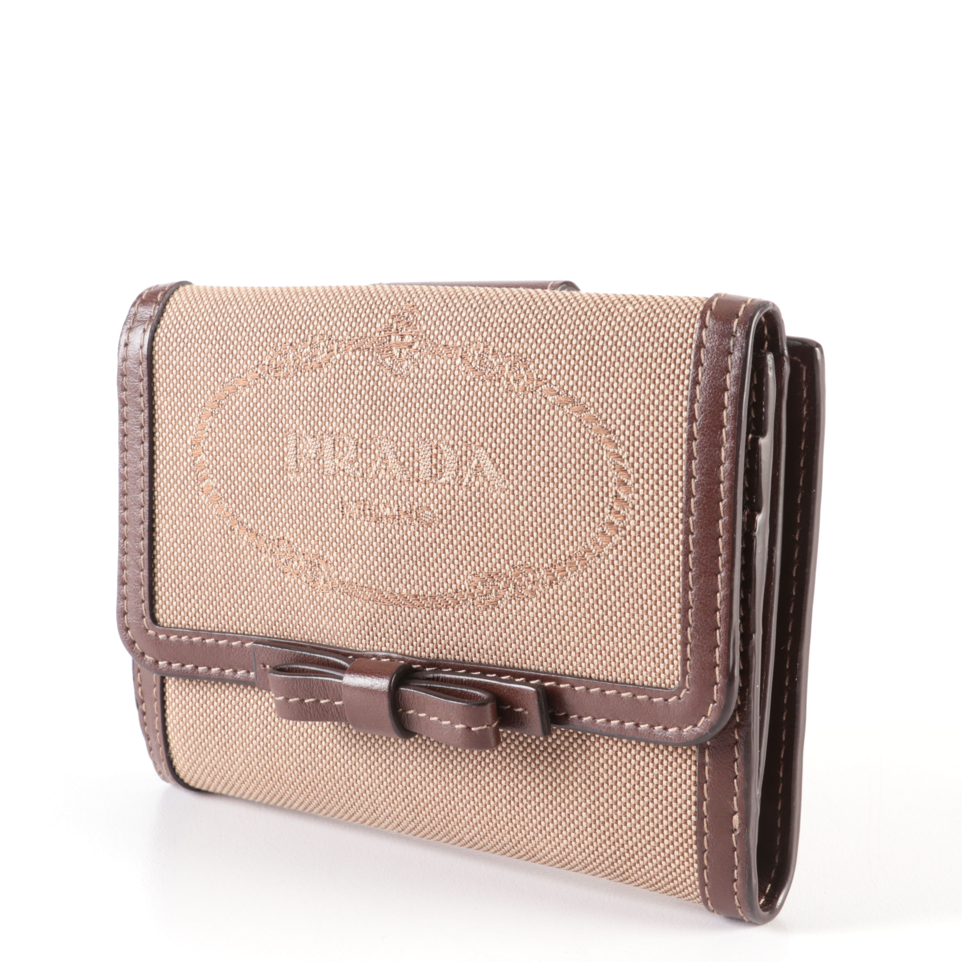 Prada Trifold Wallet in Beige Logo Jacquard Canvas and Brown Leather