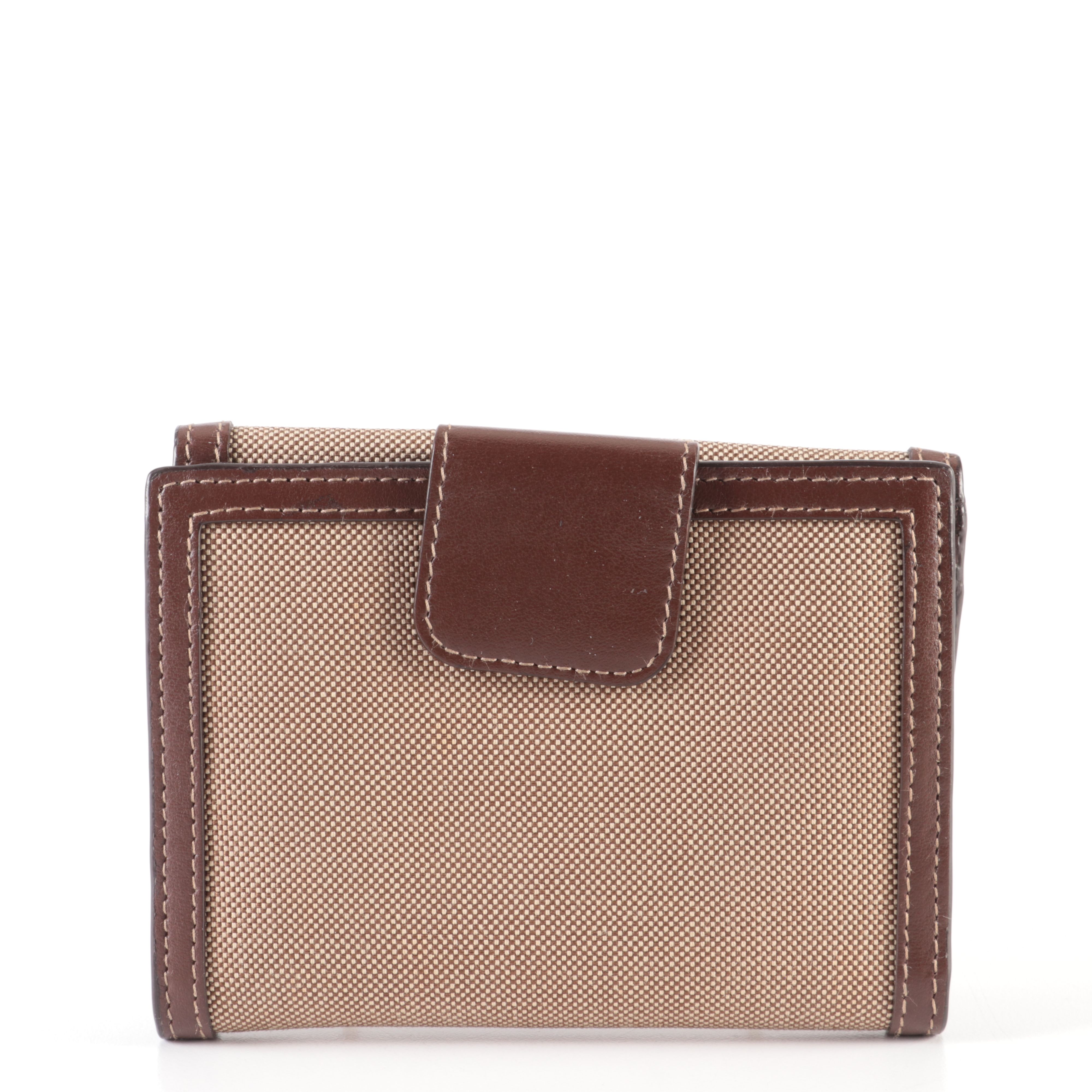 Prada Trifold Wallet in Beige Logo Jacquard Canvas and Brown Leather