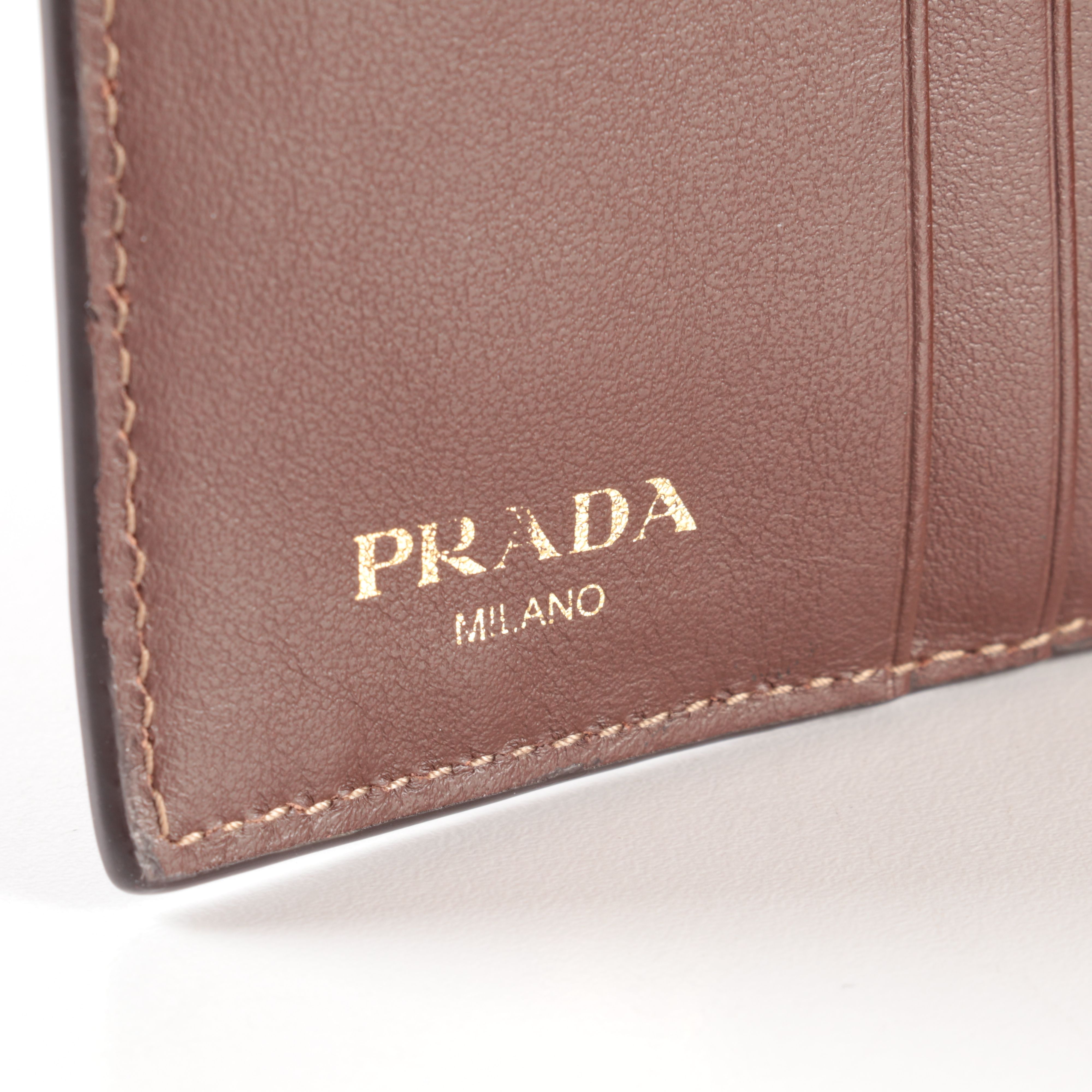 Prada Trifold Wallet in Beige Logo Jacquard Canvas and Brown Leather