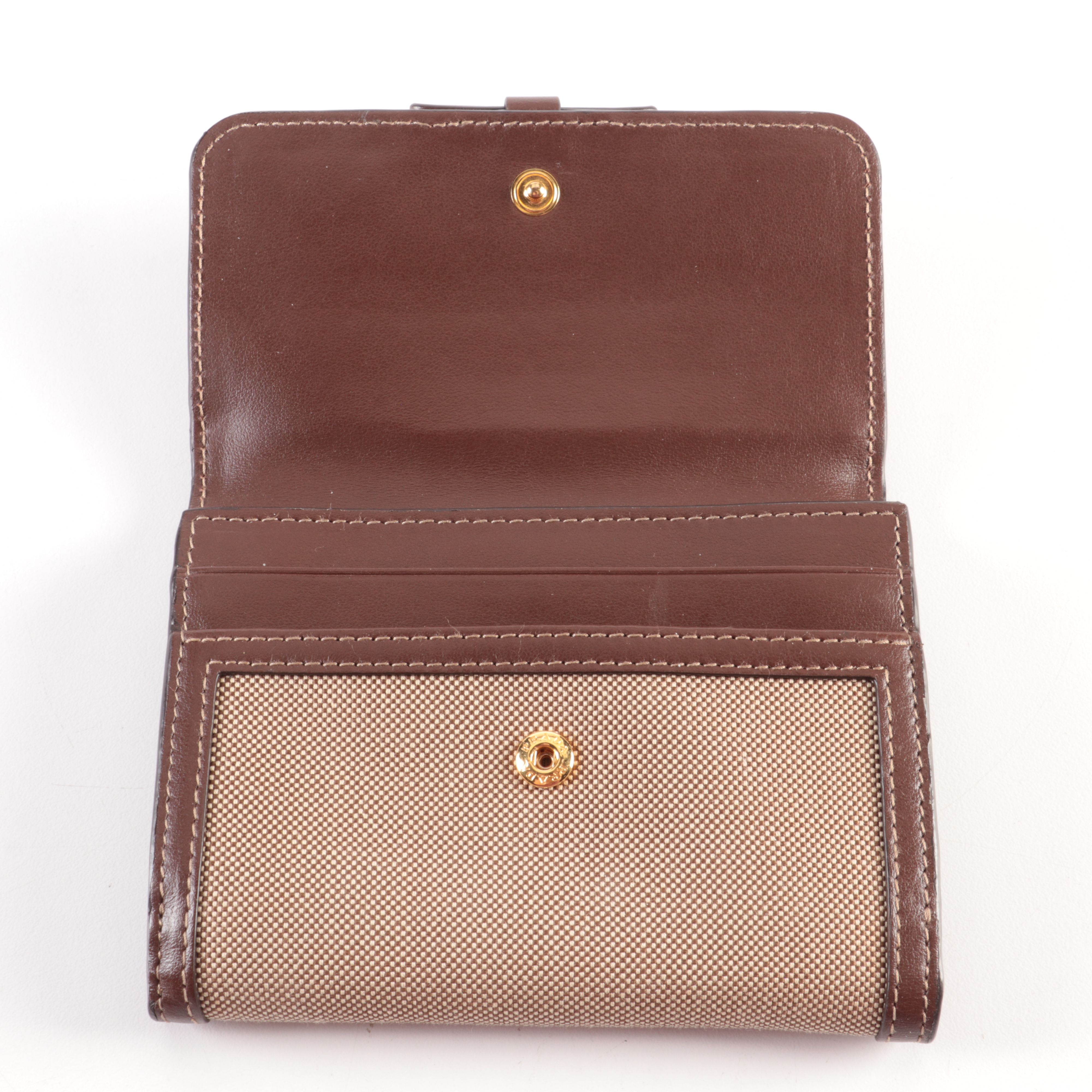 Prada Trifold Wallet in Beige Logo Jacquard Canvas and Brown Leather