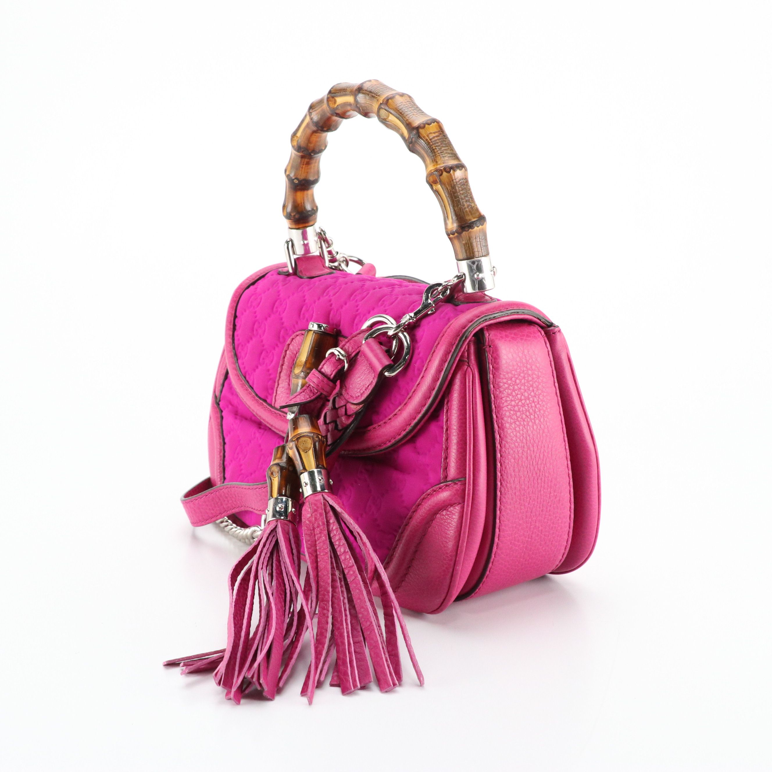 Gucci New Bamboo Tassel Two-Way Bag in Magenta GG Neoprene and Calf Leather