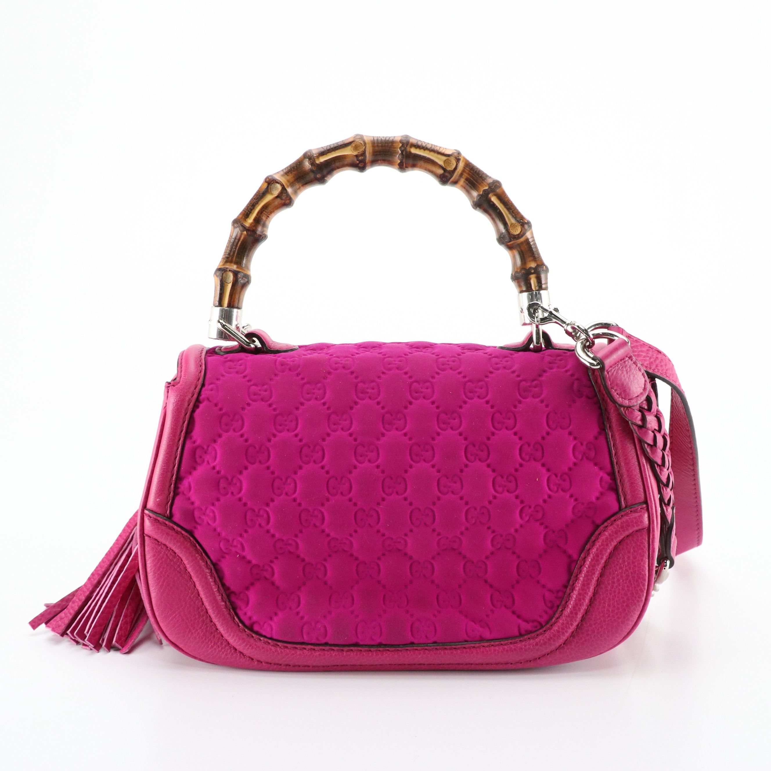 Gucci New Bamboo Tassel Two-Way Bag in Magenta GG Neoprene and Calf Leather