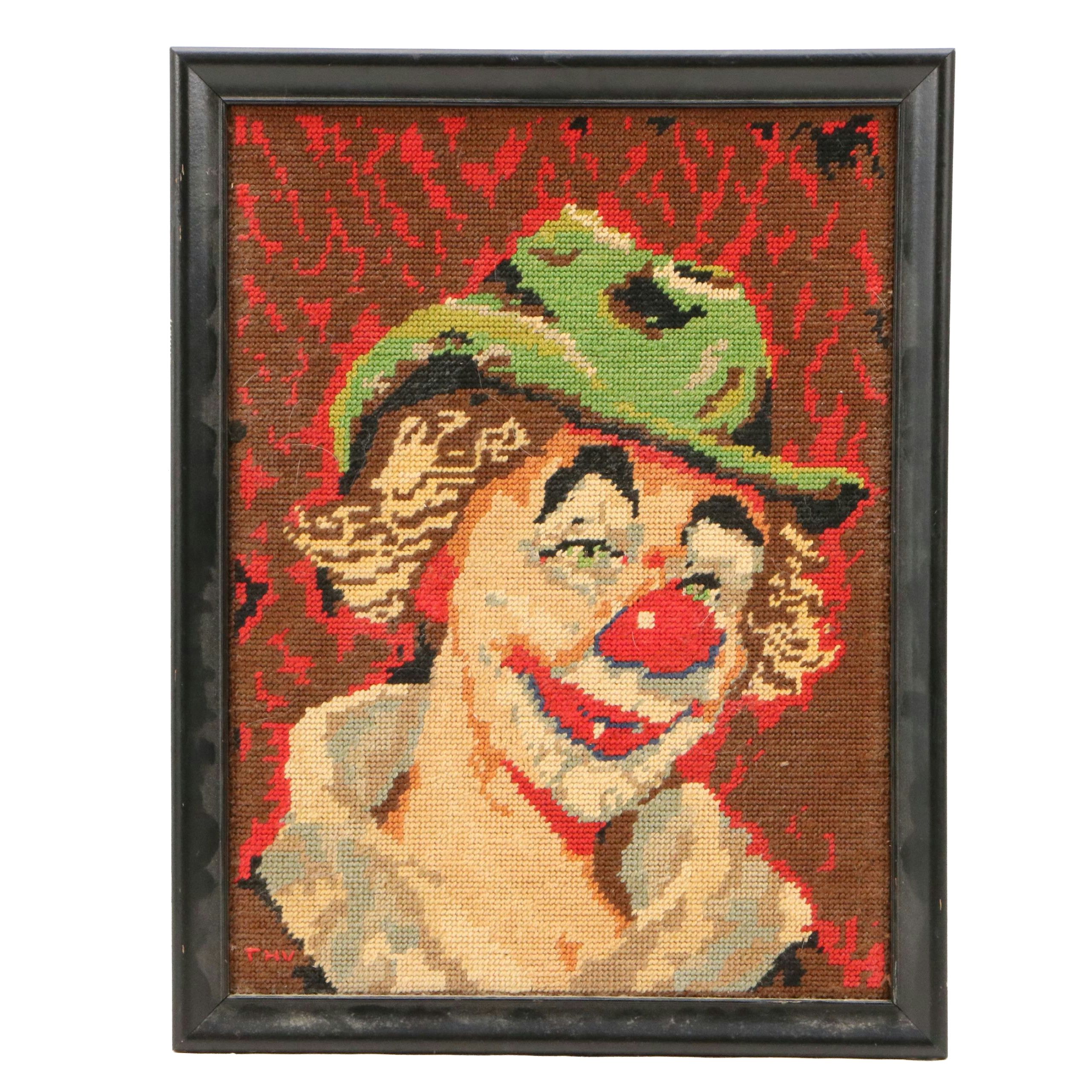 Needlepoint Embroidery of Smiling Clown, Circa 1970