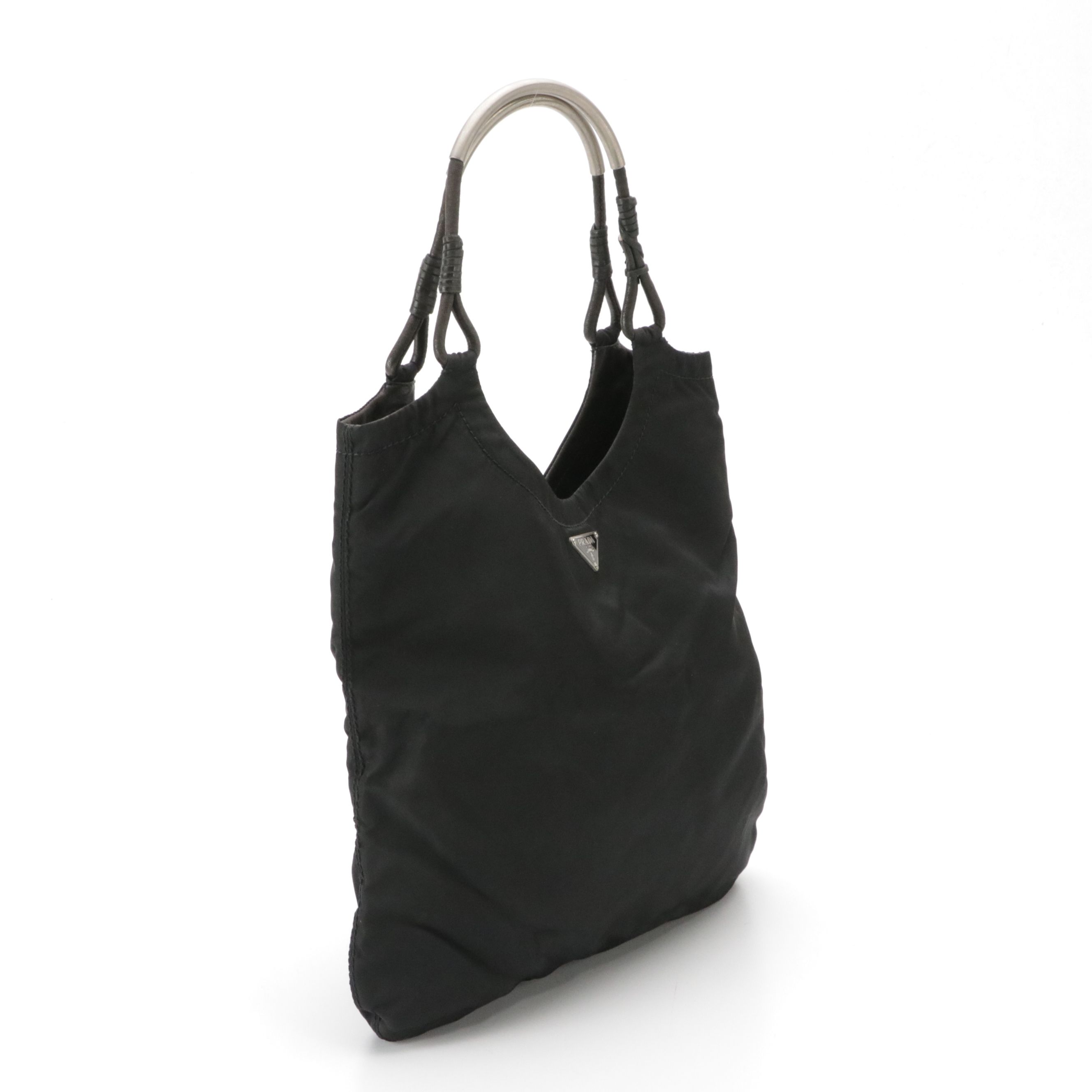 Prada Metal Handle Tote in Black Tessuto Nylon with Leather Accents
